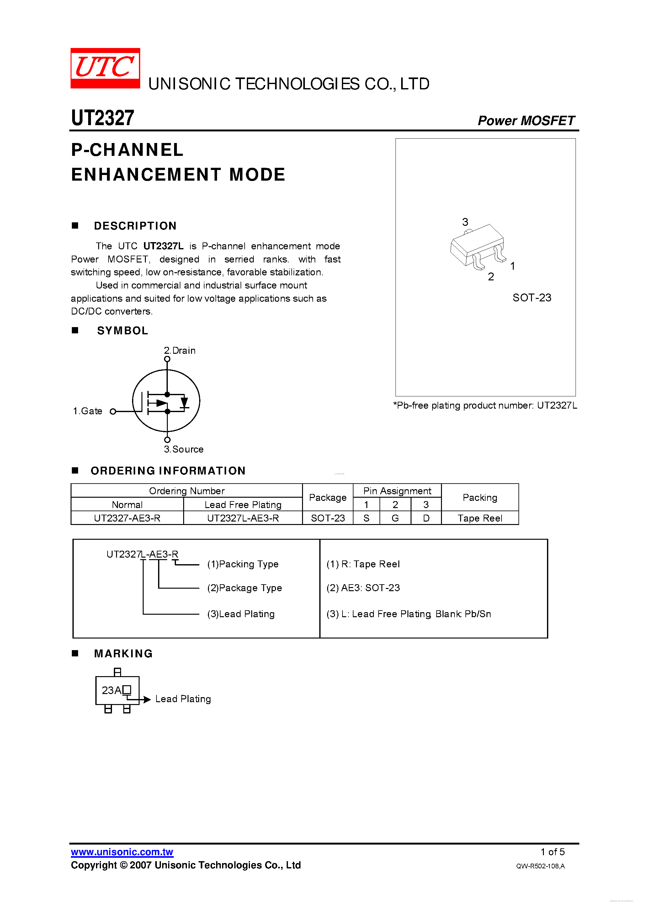 Datasheet UT2327 - P-CHANNEL ENHANCEMENT MODE page 1