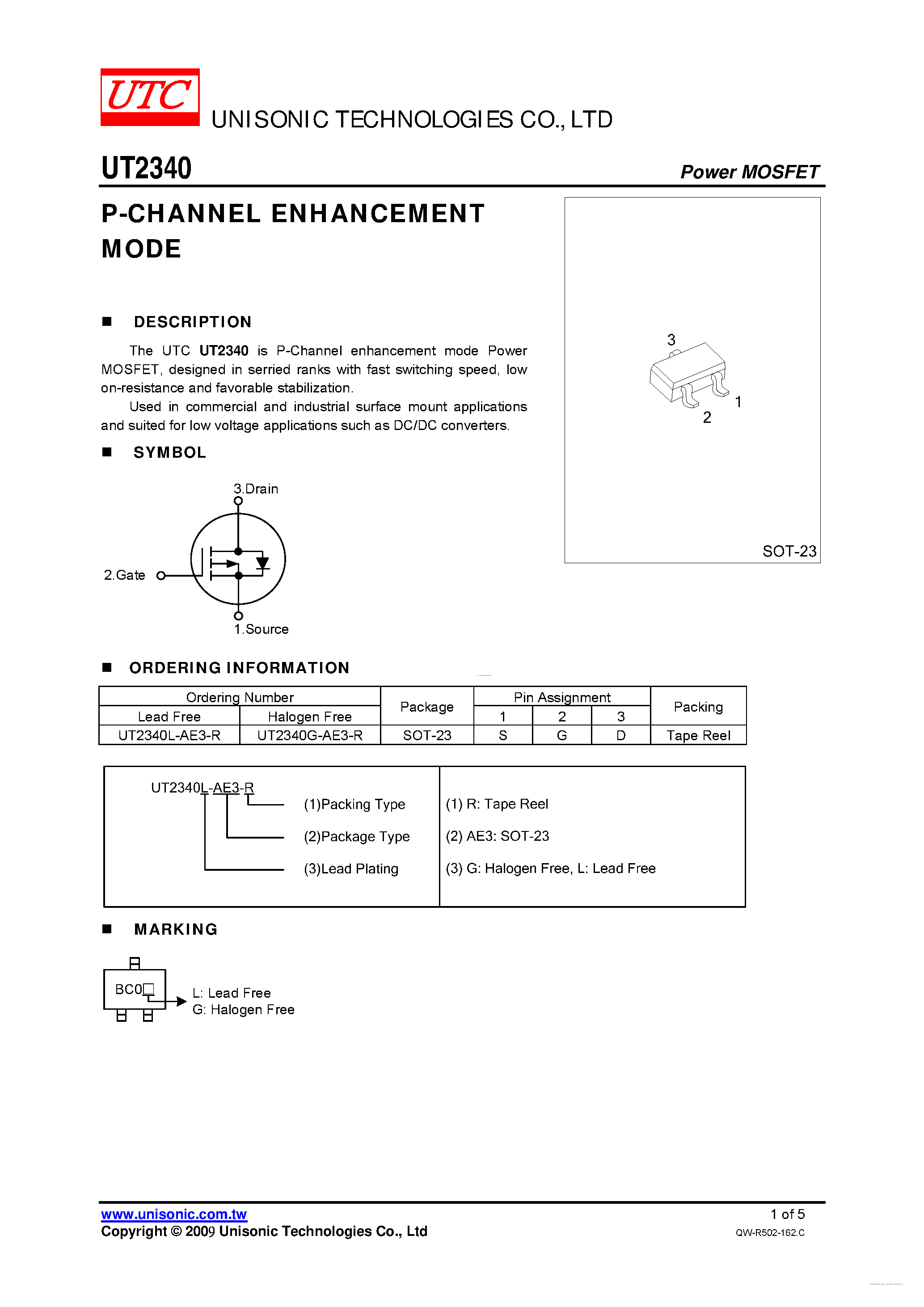 Datasheet UT2340 - P-CHANNEL ENHANCEMENT MODE page 1
