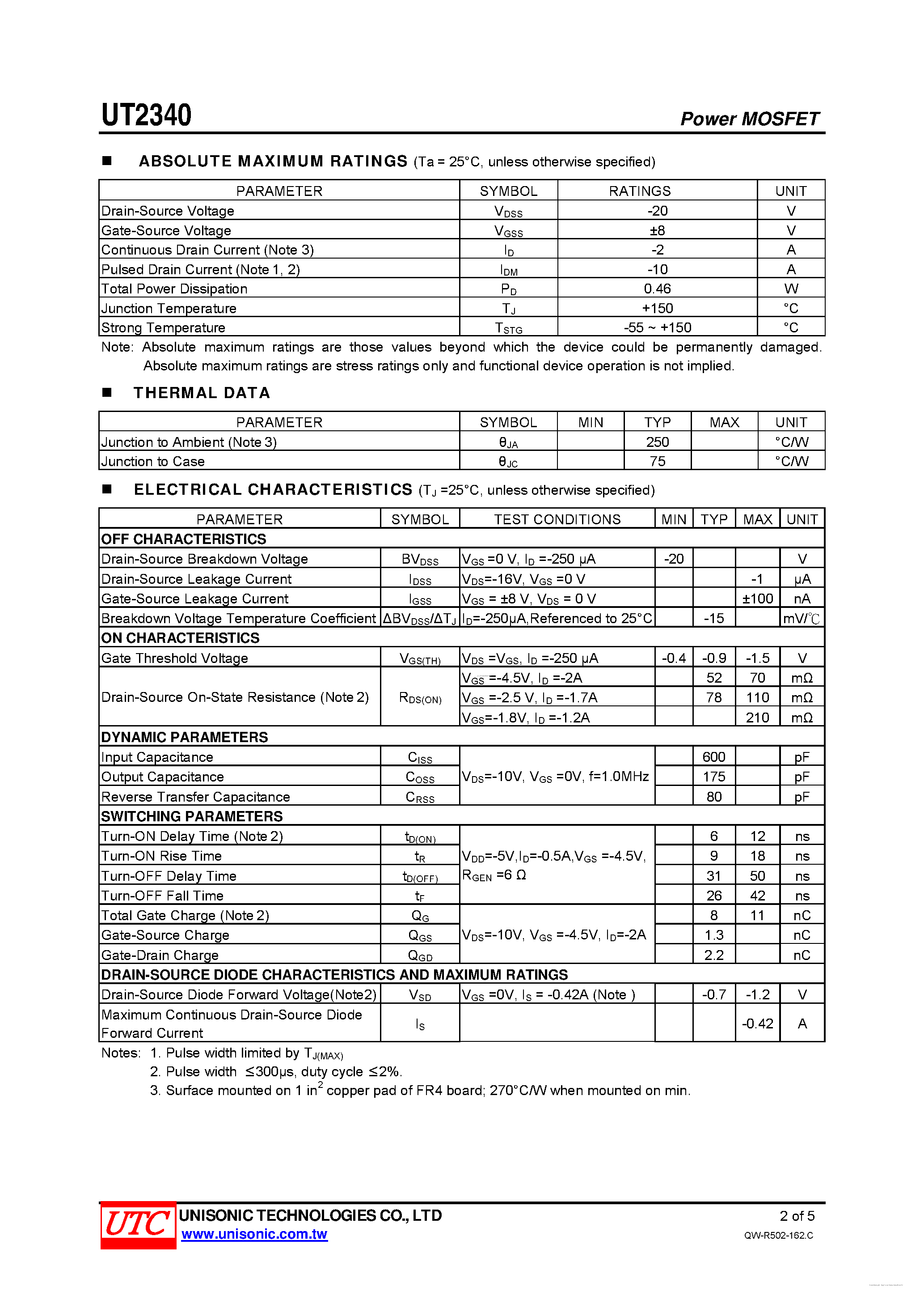 Datasheet UT2340 - P-CHANNEL ENHANCEMENT MODE page 2