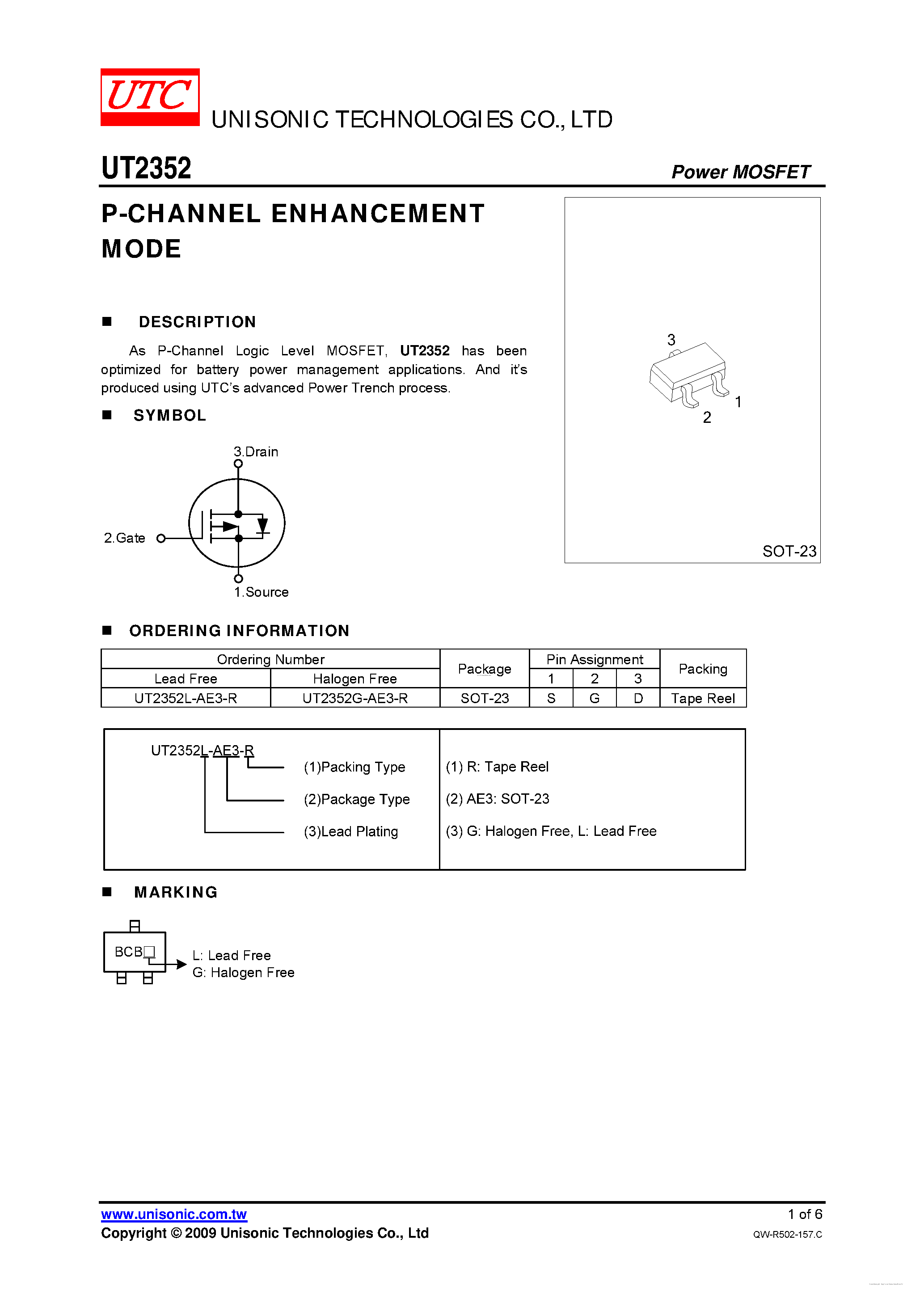 Даташит UT2352 - P-CHANNEL ENHANCEMENT MODE страница 1