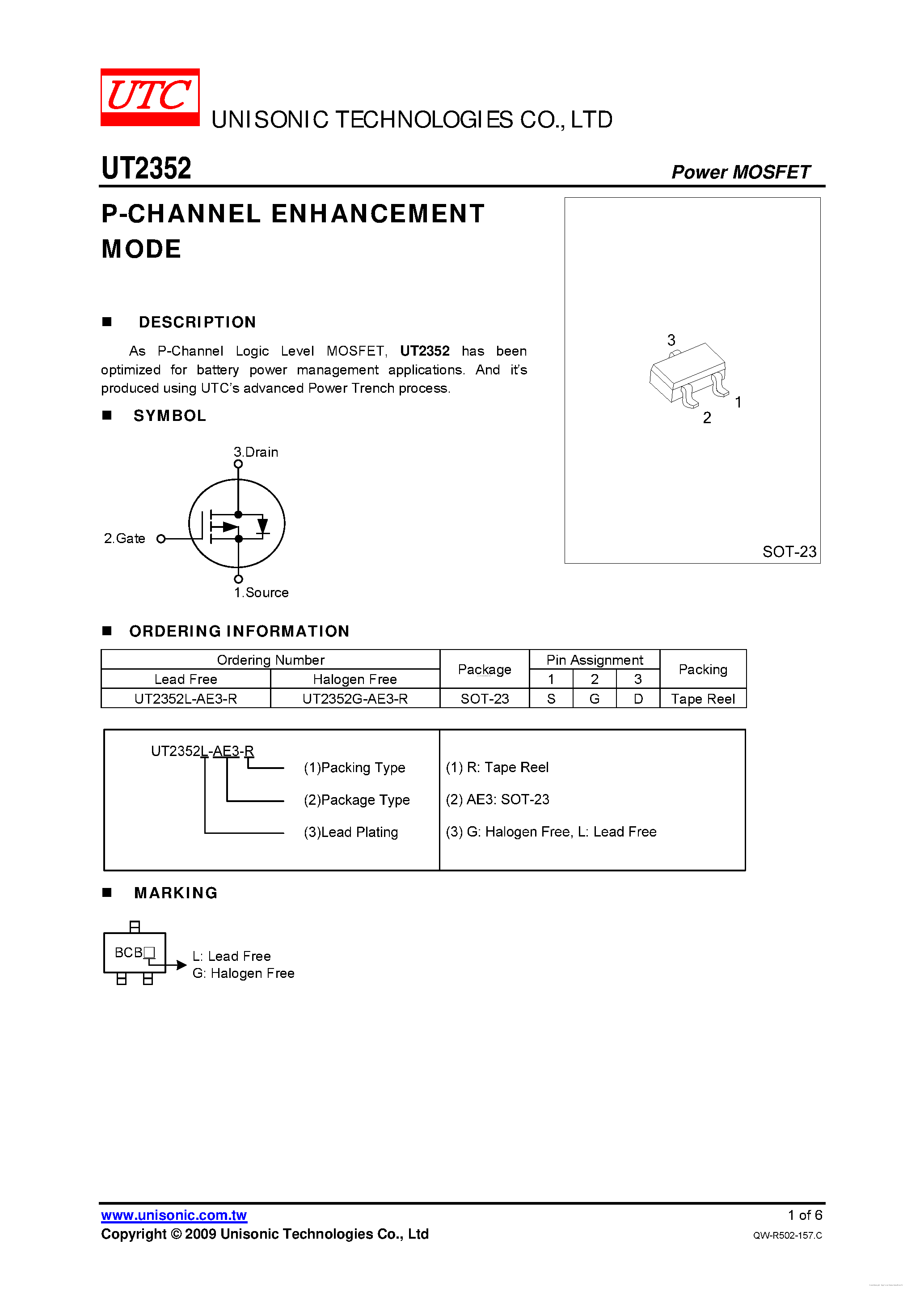 Datasheet UT2352 - P-CHANNEL ENHANCEMENT MODE page 1
