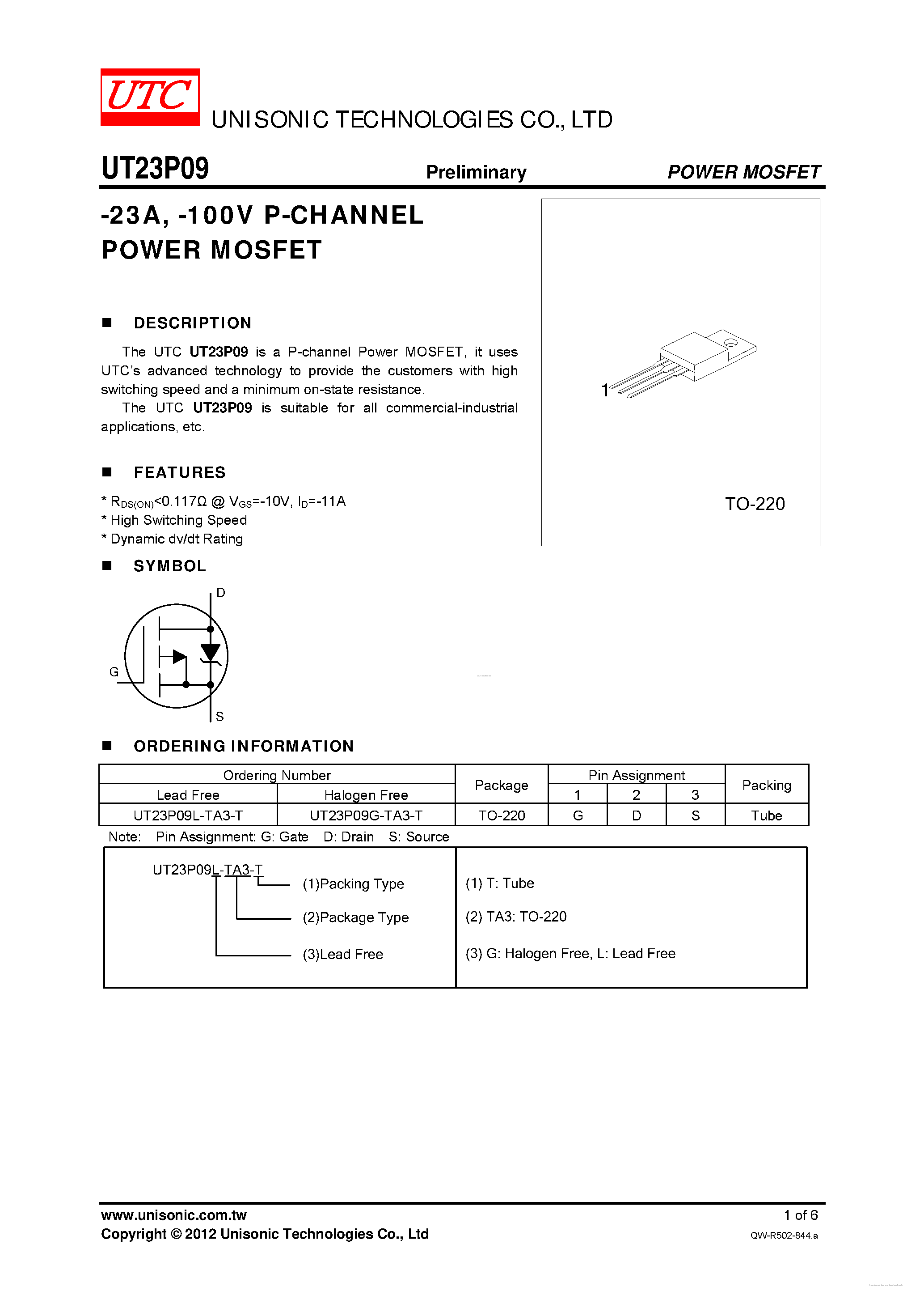 Даташит UT23P09 - P-CHANNEL POWER MOSFET страница 1