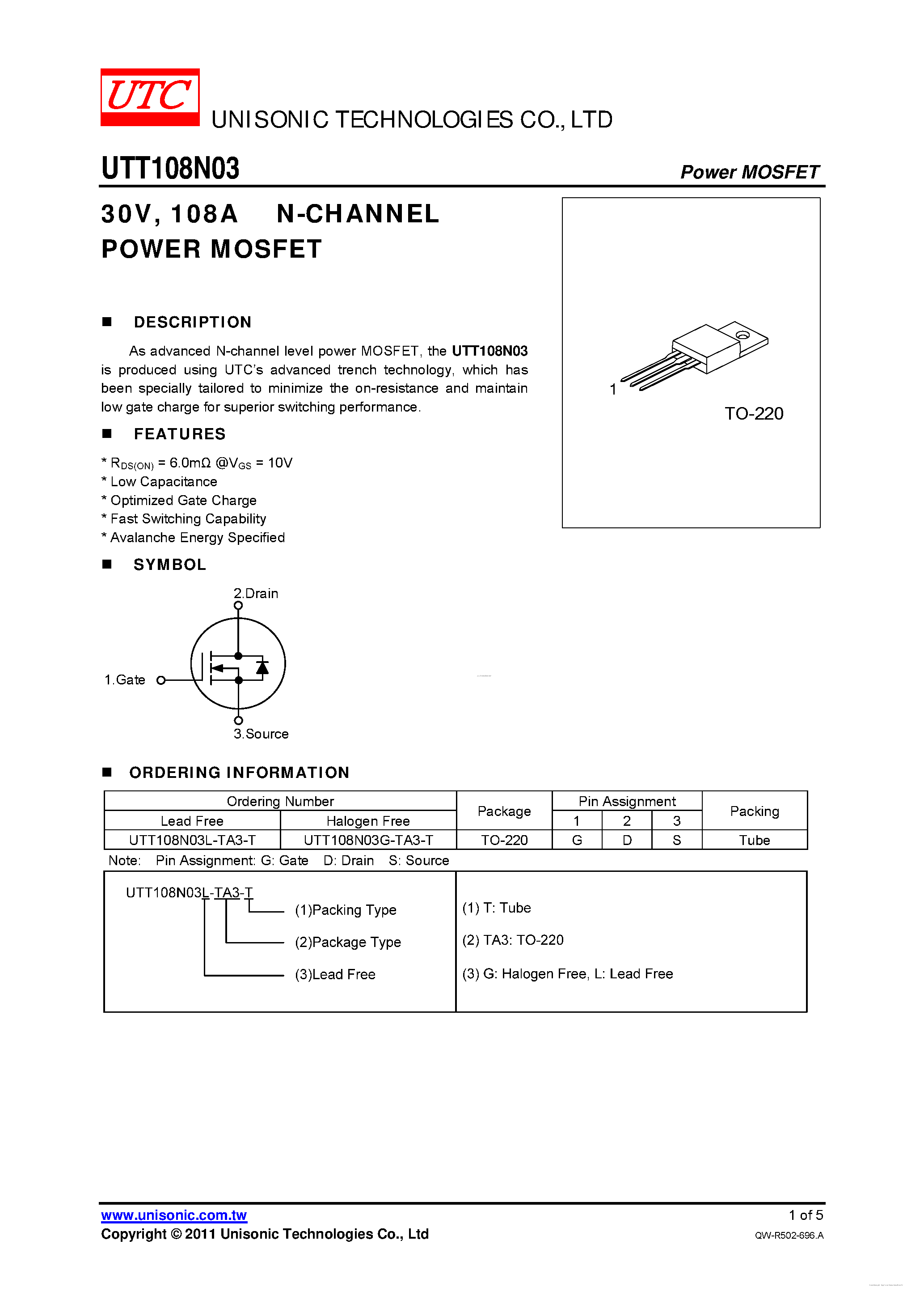 Datasheet UTT108N03 - N-CHANNEL POWER MOSFET page 1
