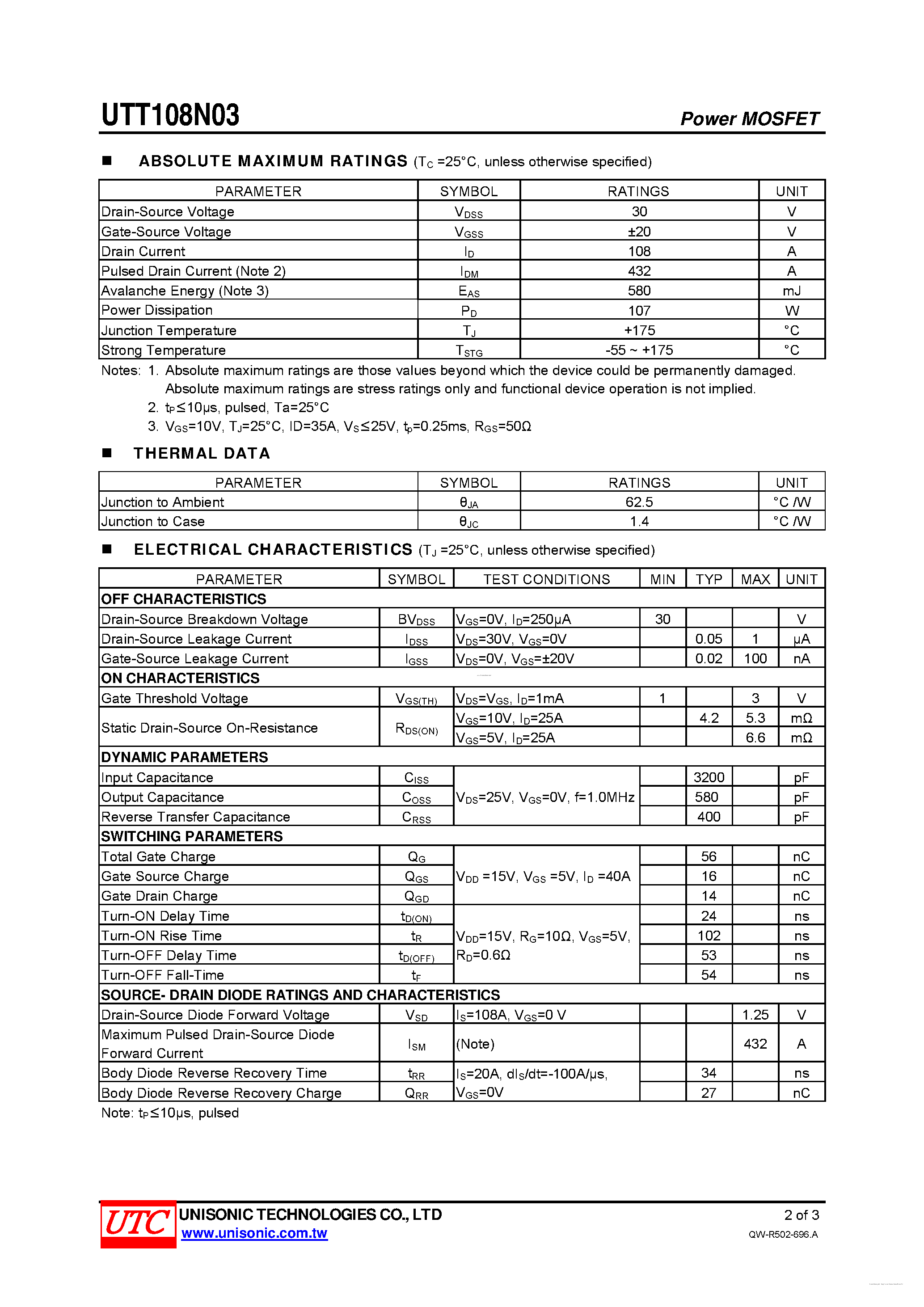 Datasheet UTT108N03 - N-CHANNEL POWER MOSFET page 2