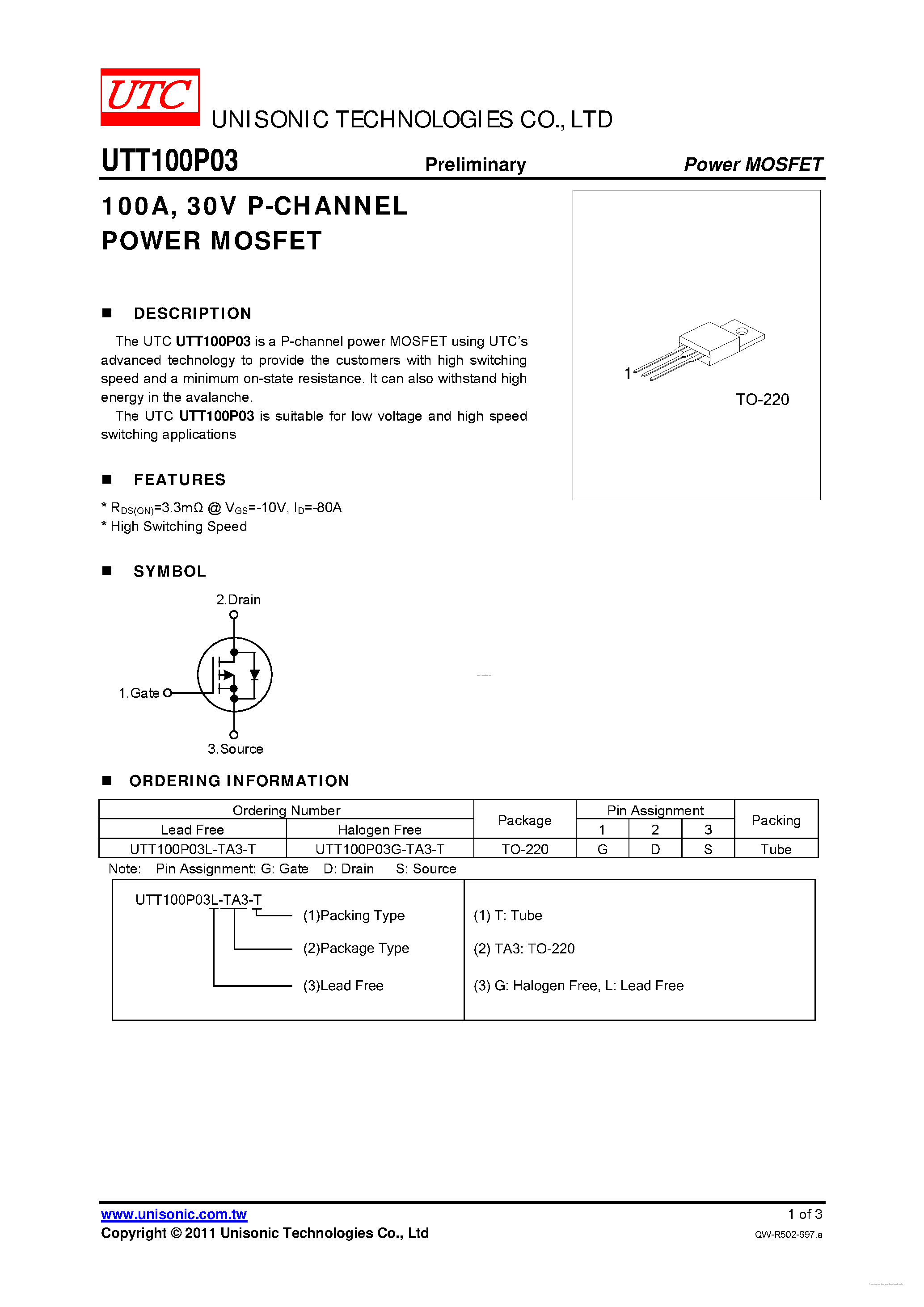Datasheet UTT100P03 - P-CHANNEL POWER MOSFET page 1