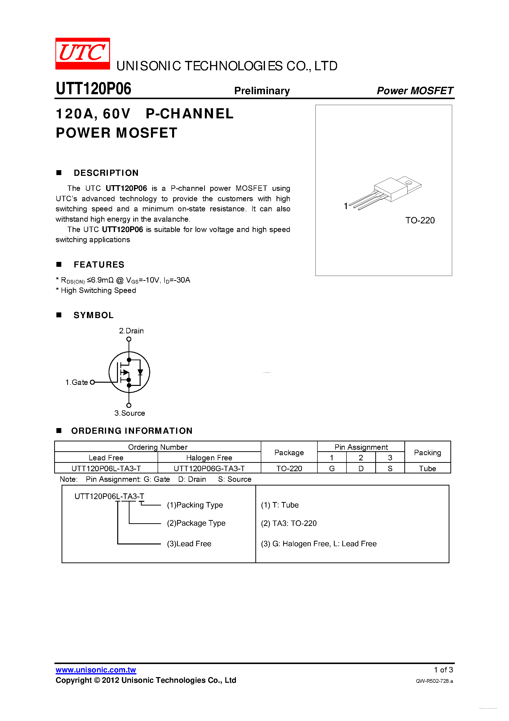Даташит UTT120P06 - P-CHANNEL POWER MOSFET страница 1