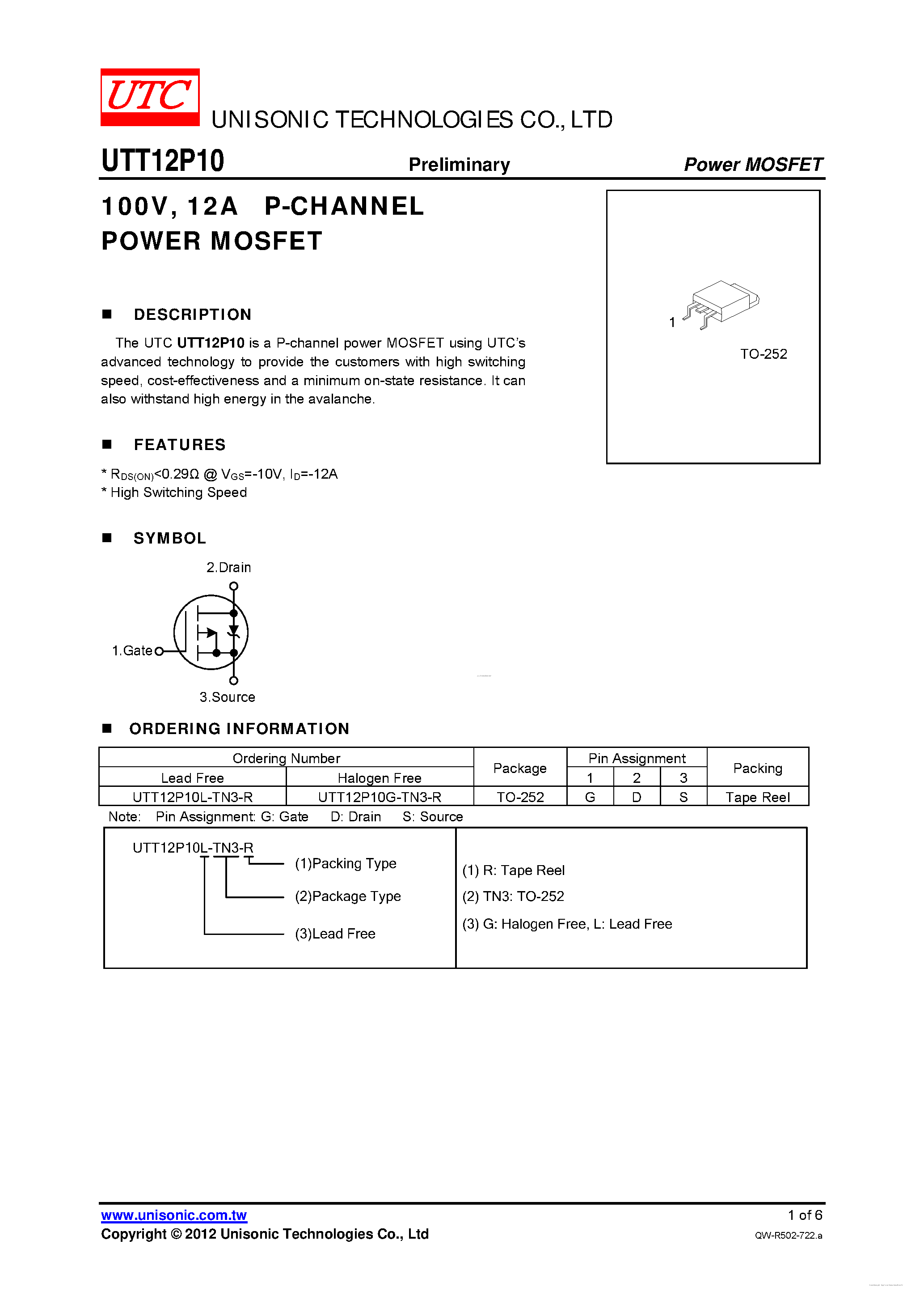 Даташит UTT12P10 - P-CHANNEL POWER MOSFET страница 1