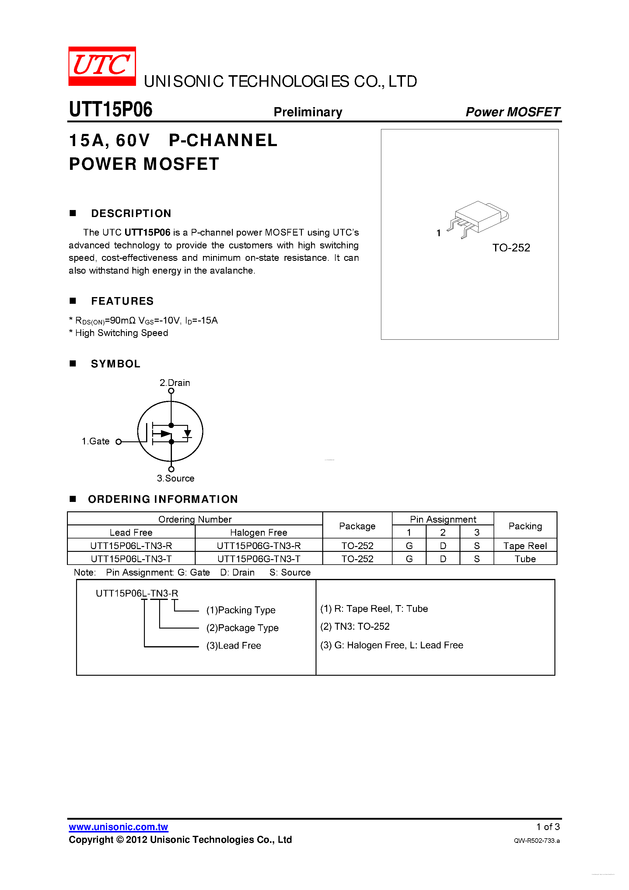 Datasheet UTT15P06 - P-CHANNEL POWER MOSFET page 1