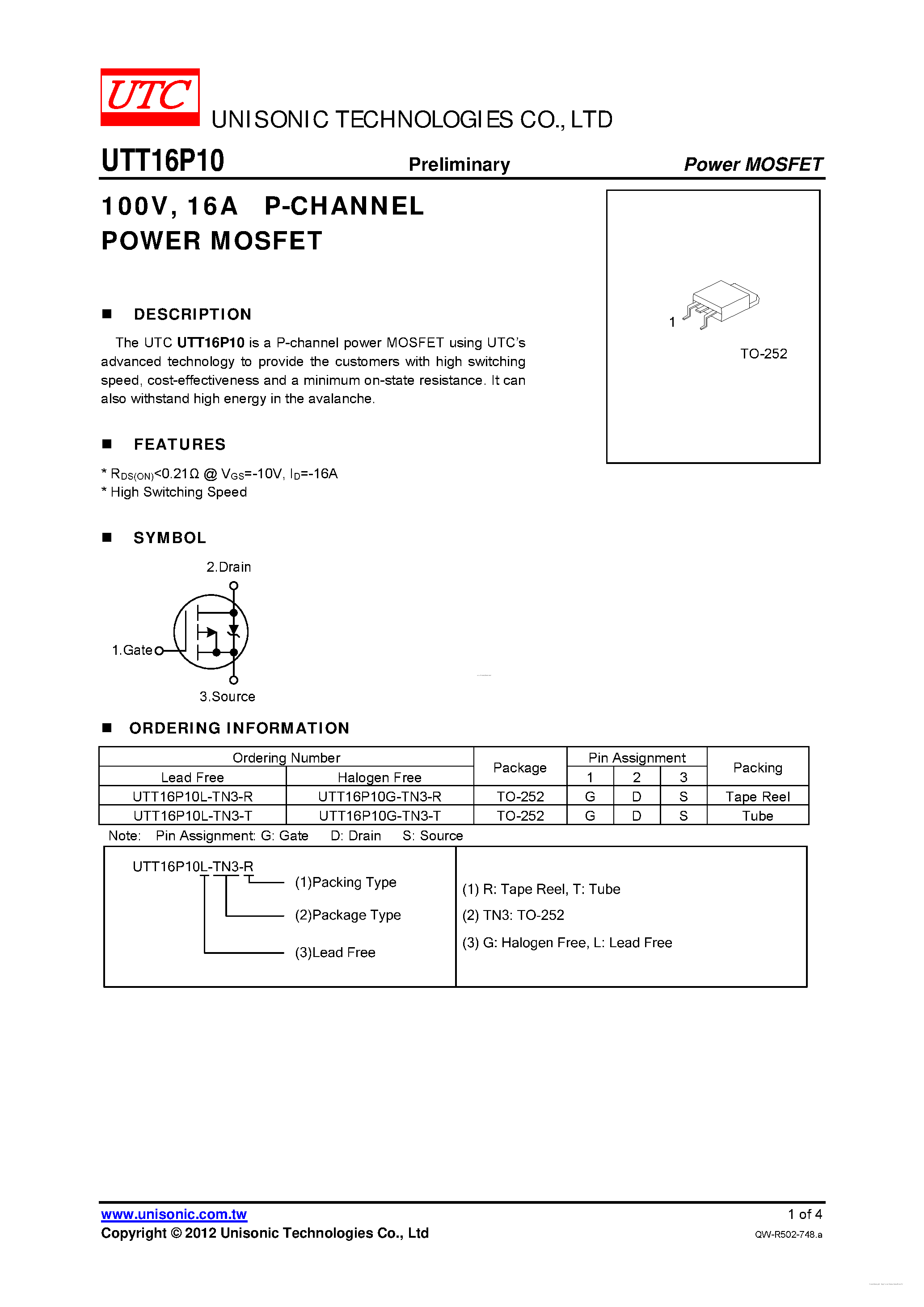 Datasheet UTT16P10 - P-CHANNEL POWER MOSFET page 1