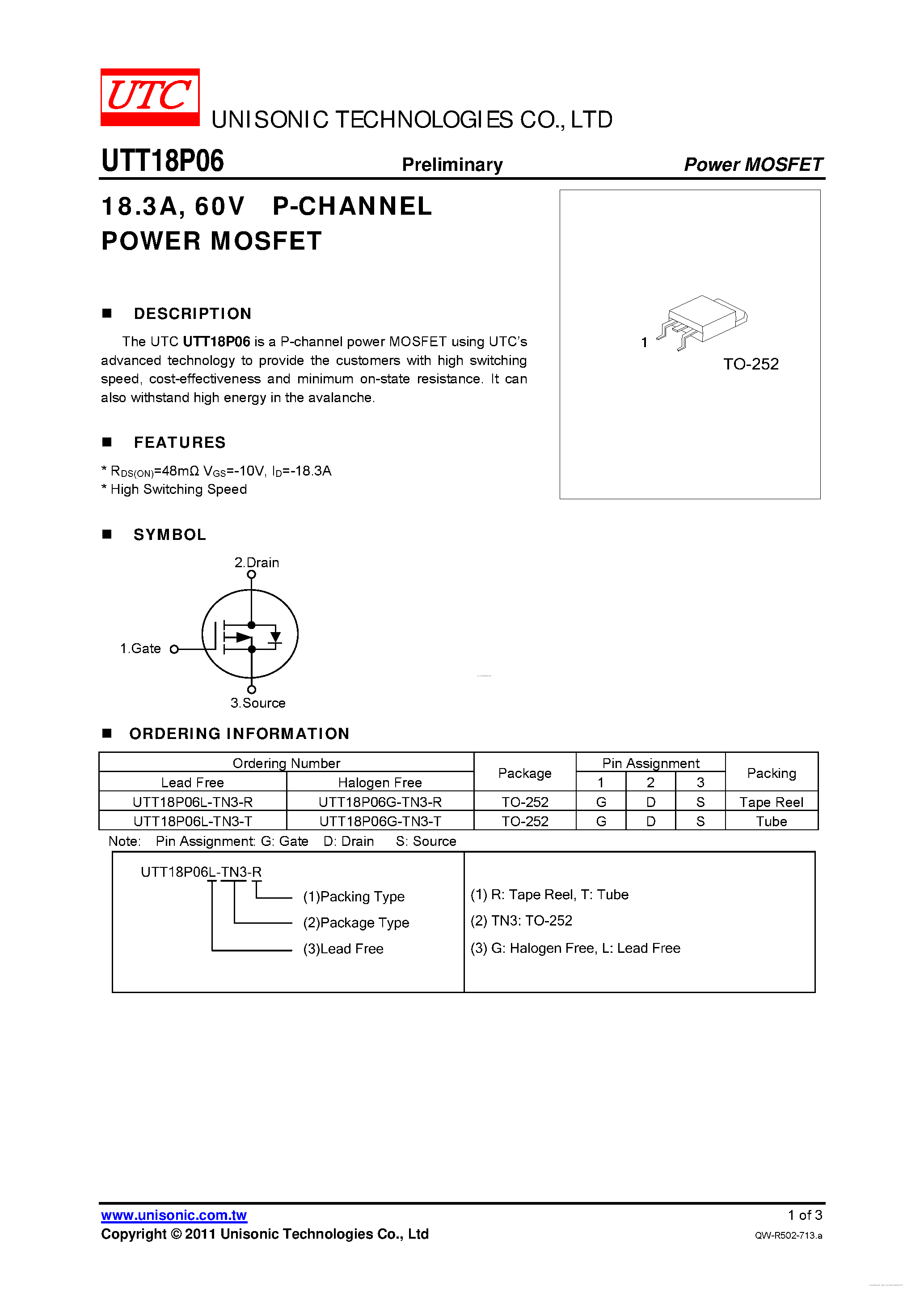 Datasheet UTT18P06 - P-CHANNEL POWER MOSFET page 1