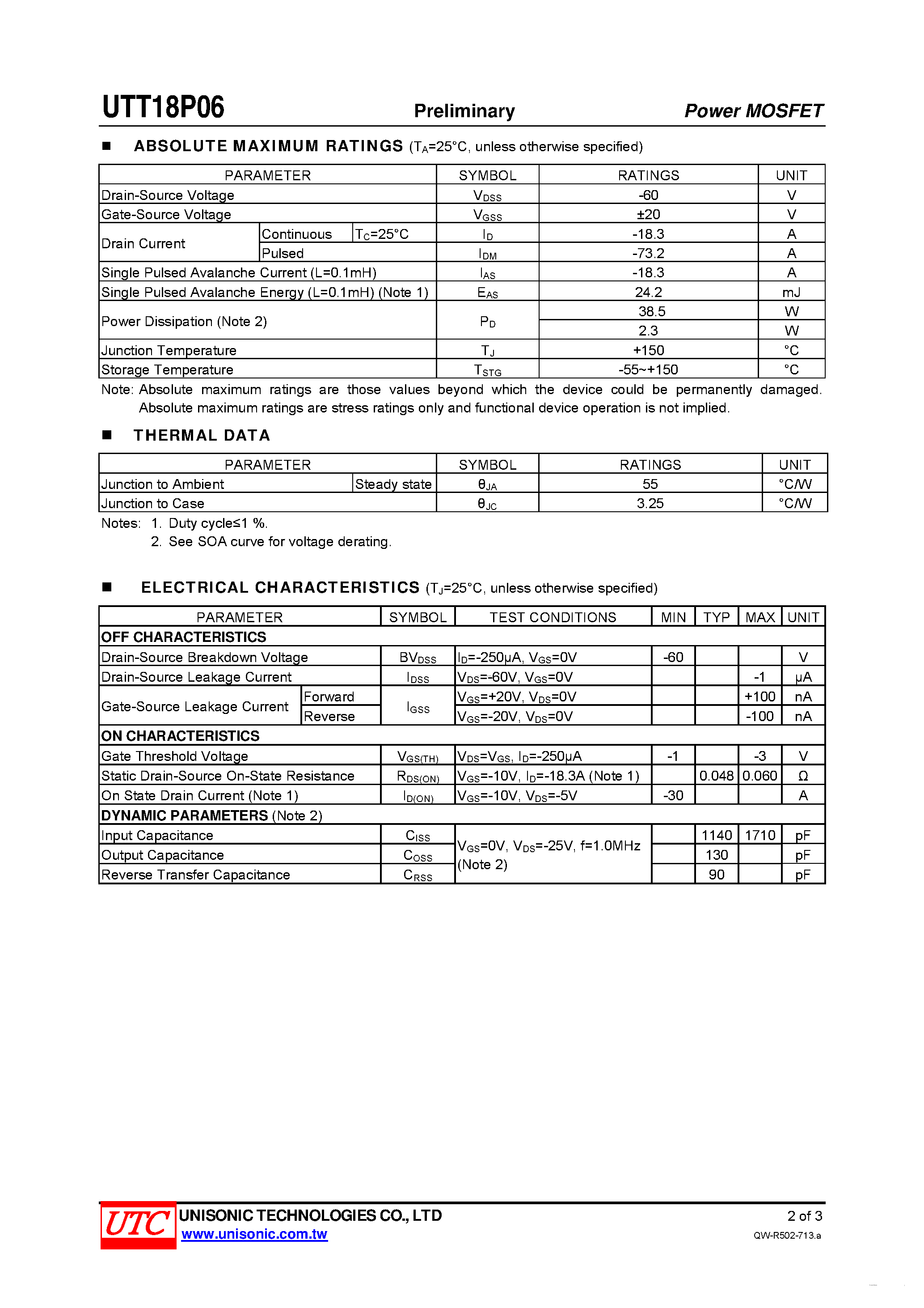 Datasheet UTT18P06 - P-CHANNEL POWER MOSFET page 2