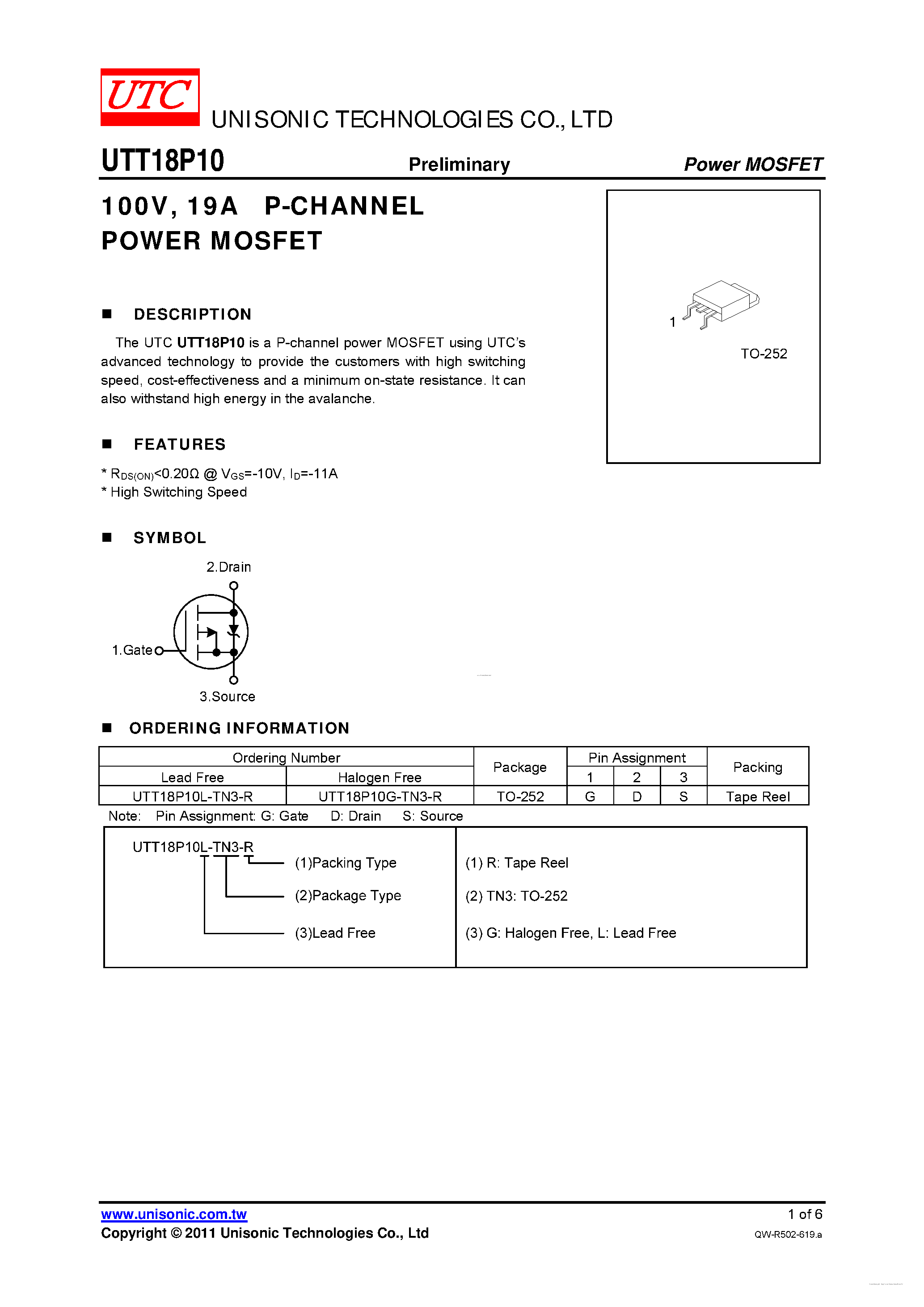 Datasheet UTT18P10 - P-CHANNEL POWER MOSFET page 1