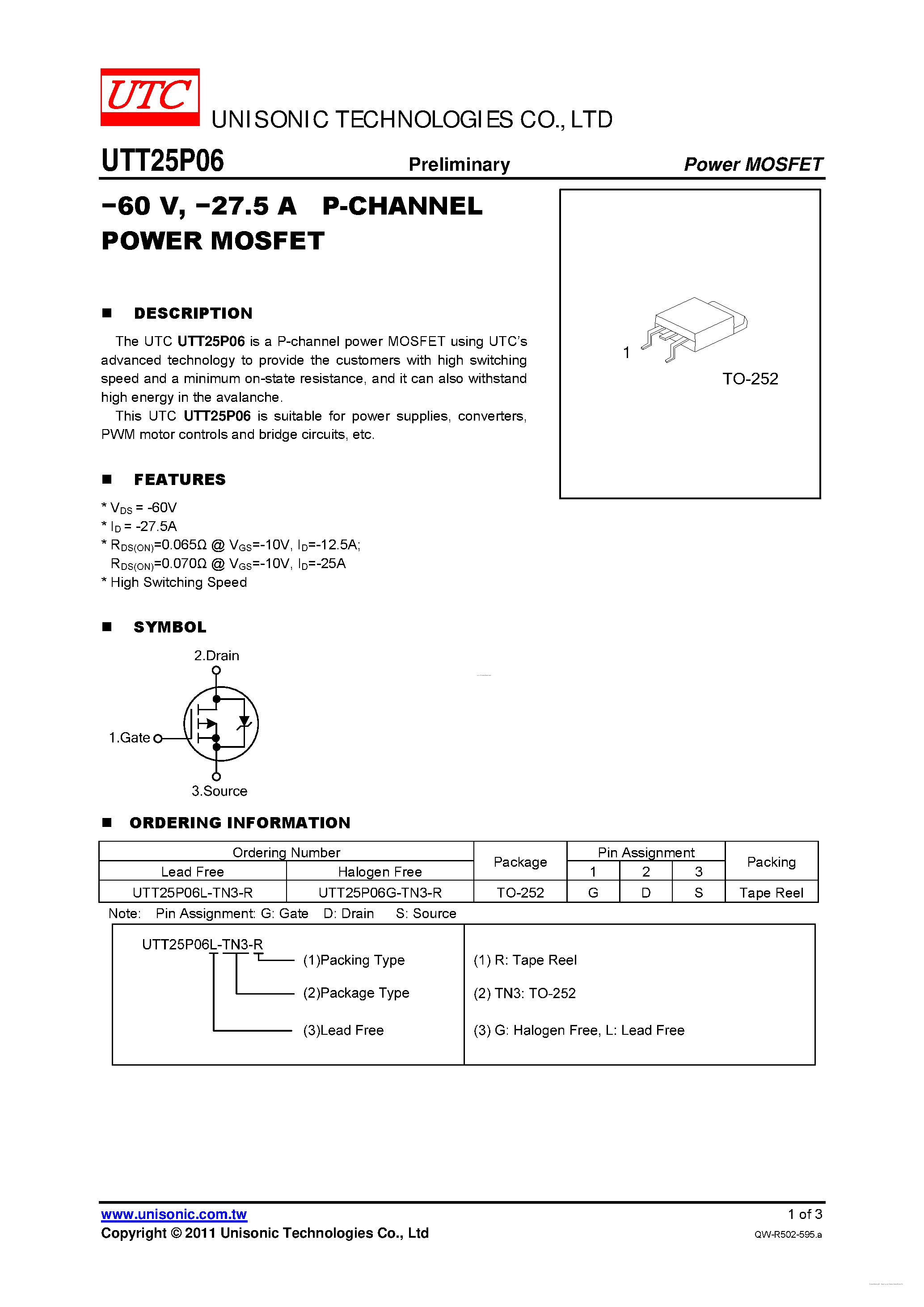 Даташит UTT25P06 - P-CHANNEL POWER MOSFET страница 1