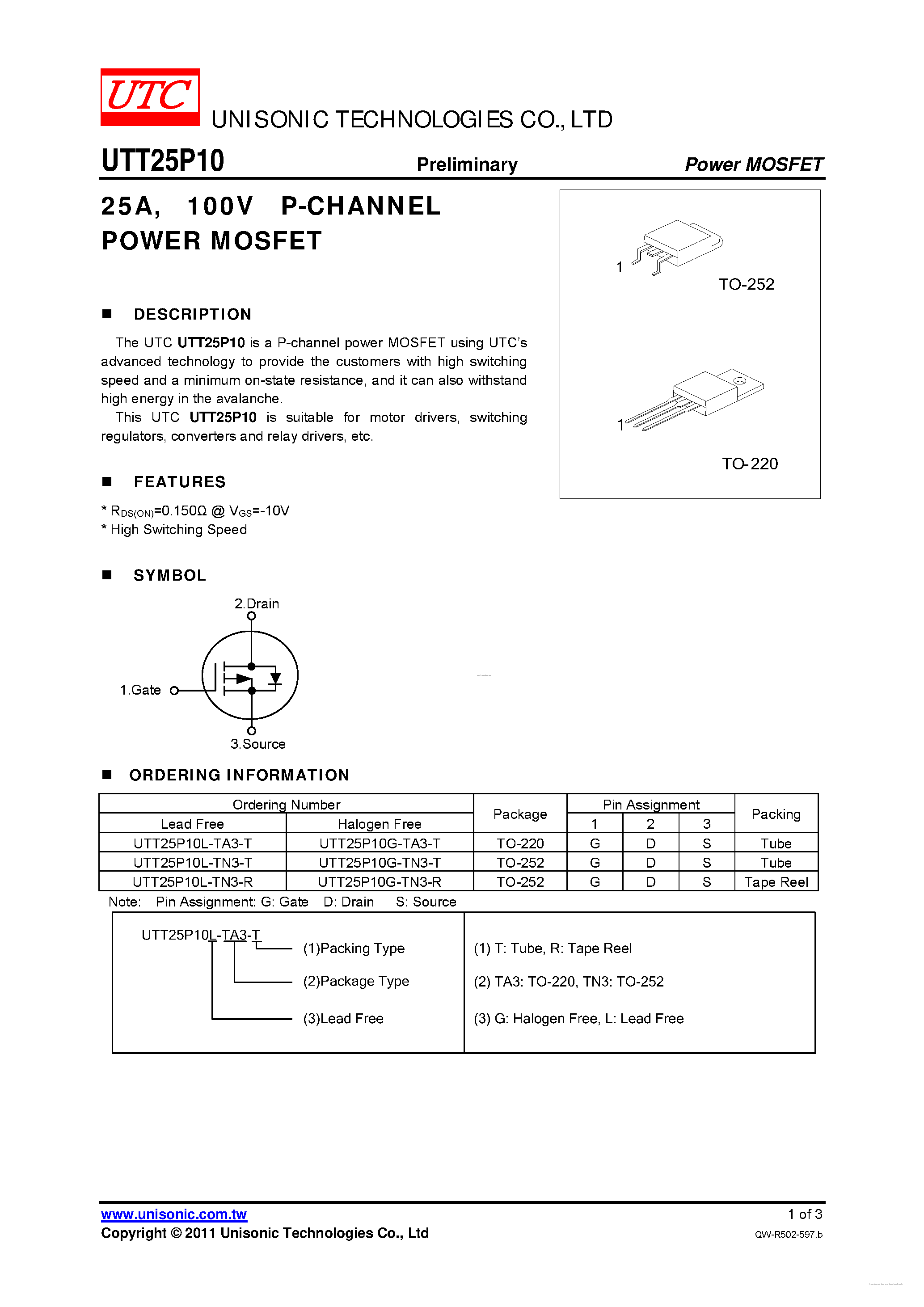 Даташит UTT25P10 - P-CHANNEL POWER MOSFET страница 1
