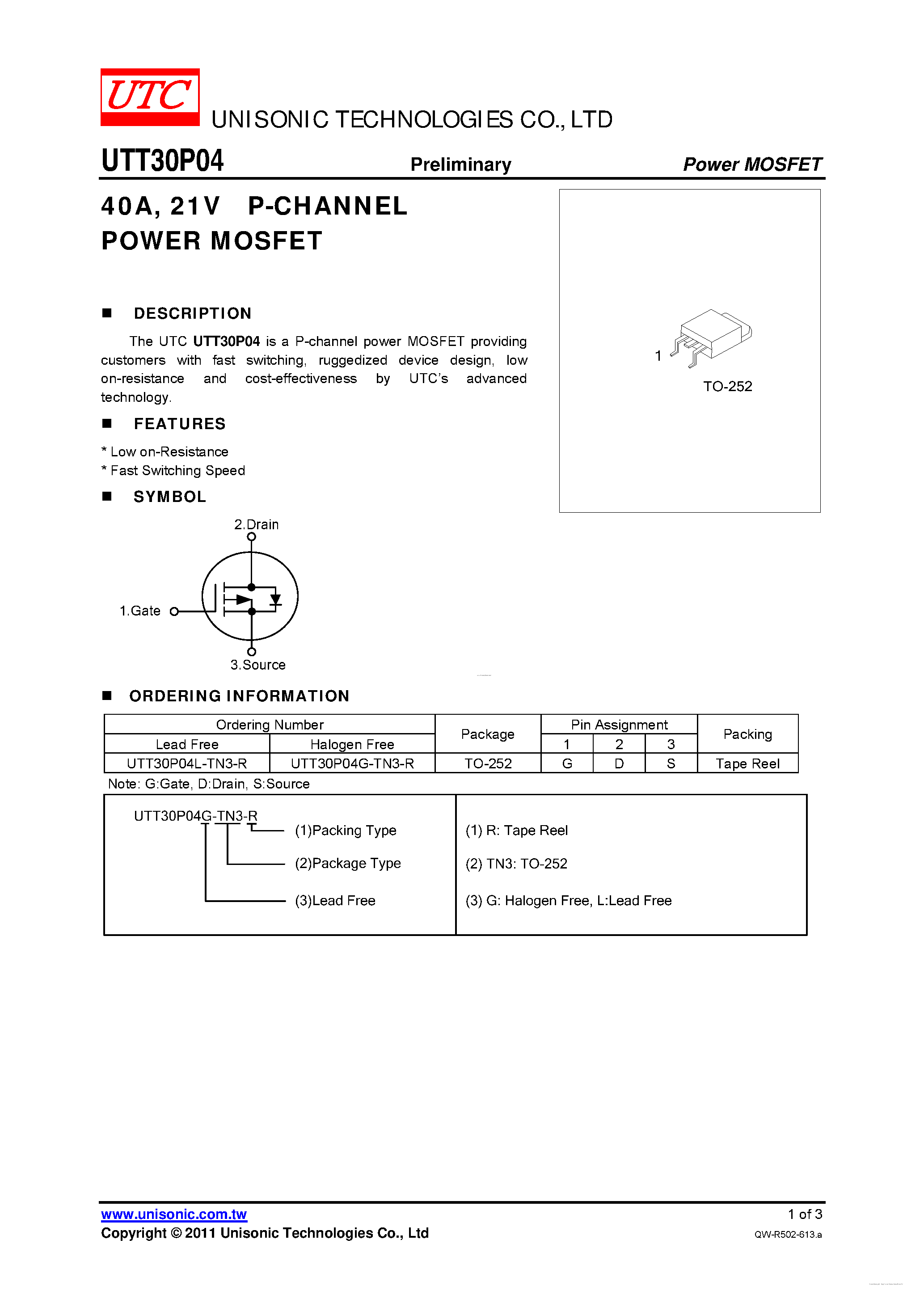 Даташит UTT30P04 - P-CHANNEL POWER MOSFET страница 1