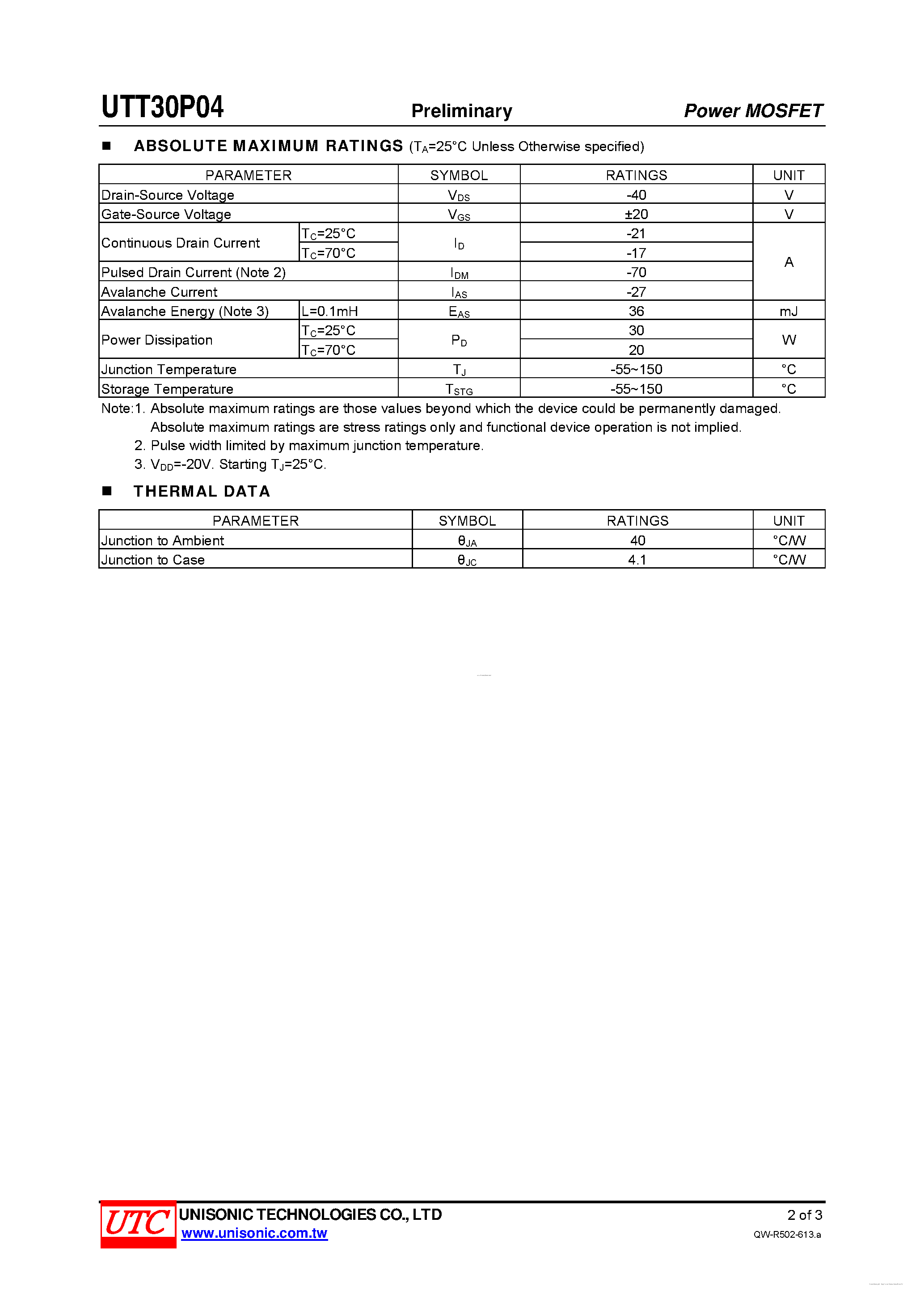 Datasheet UTT30P04 - P-CHANNEL POWER MOSFET page 2
