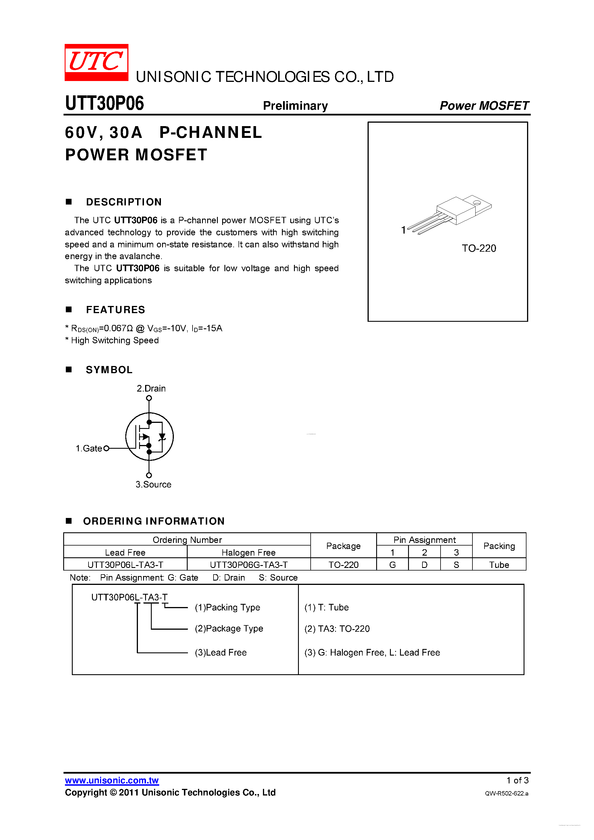 Даташит UTT30P06 - P-CHANNEL POWER MOSFET страница 1