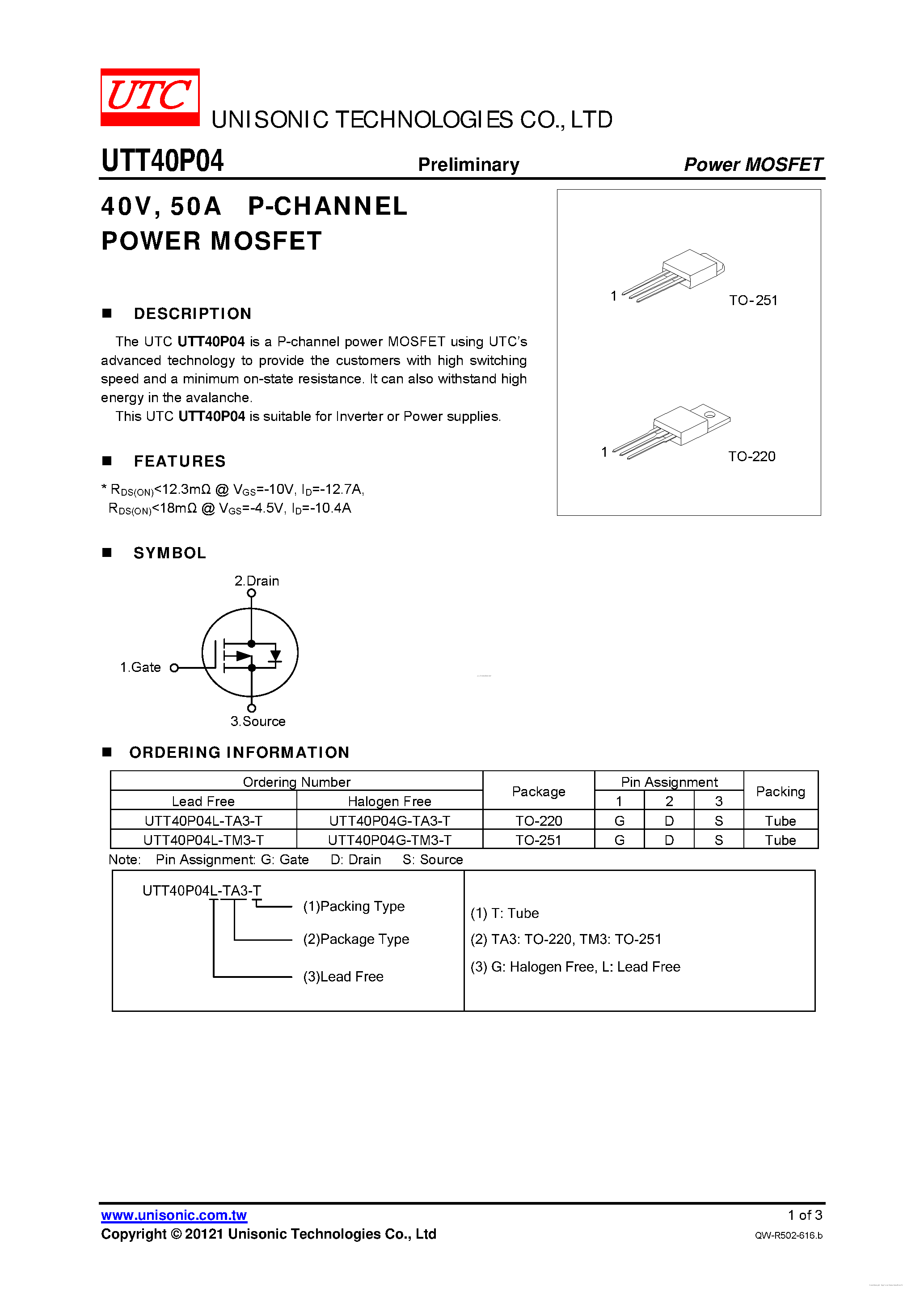 Datasheet UTT40P04 page 1 Datasheet UTT40P04 - P-CHANNEL POWER MOSFET page 1