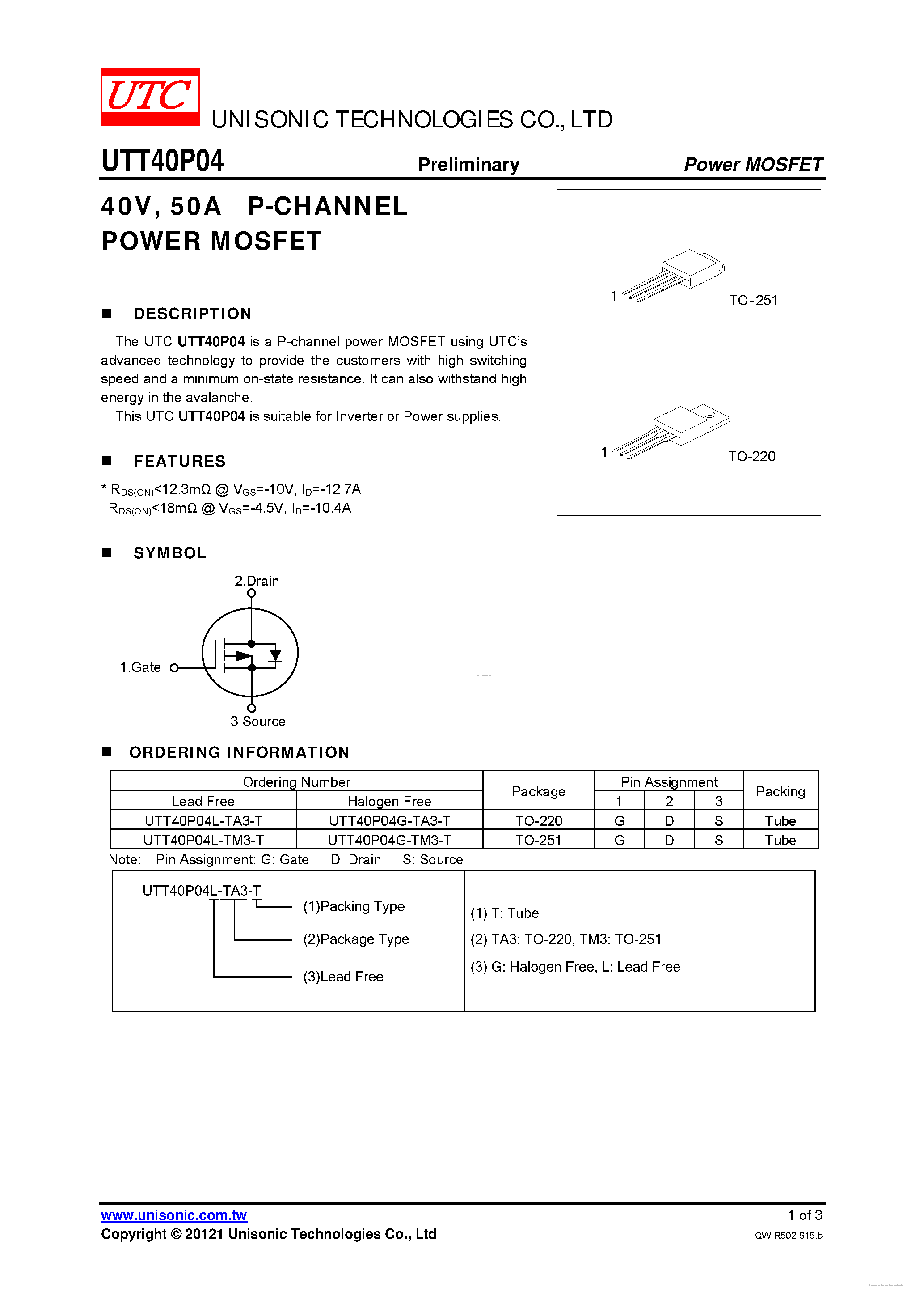 Datasheet UTT40P04 - P-CHANNEL POWER MOSFET page 1