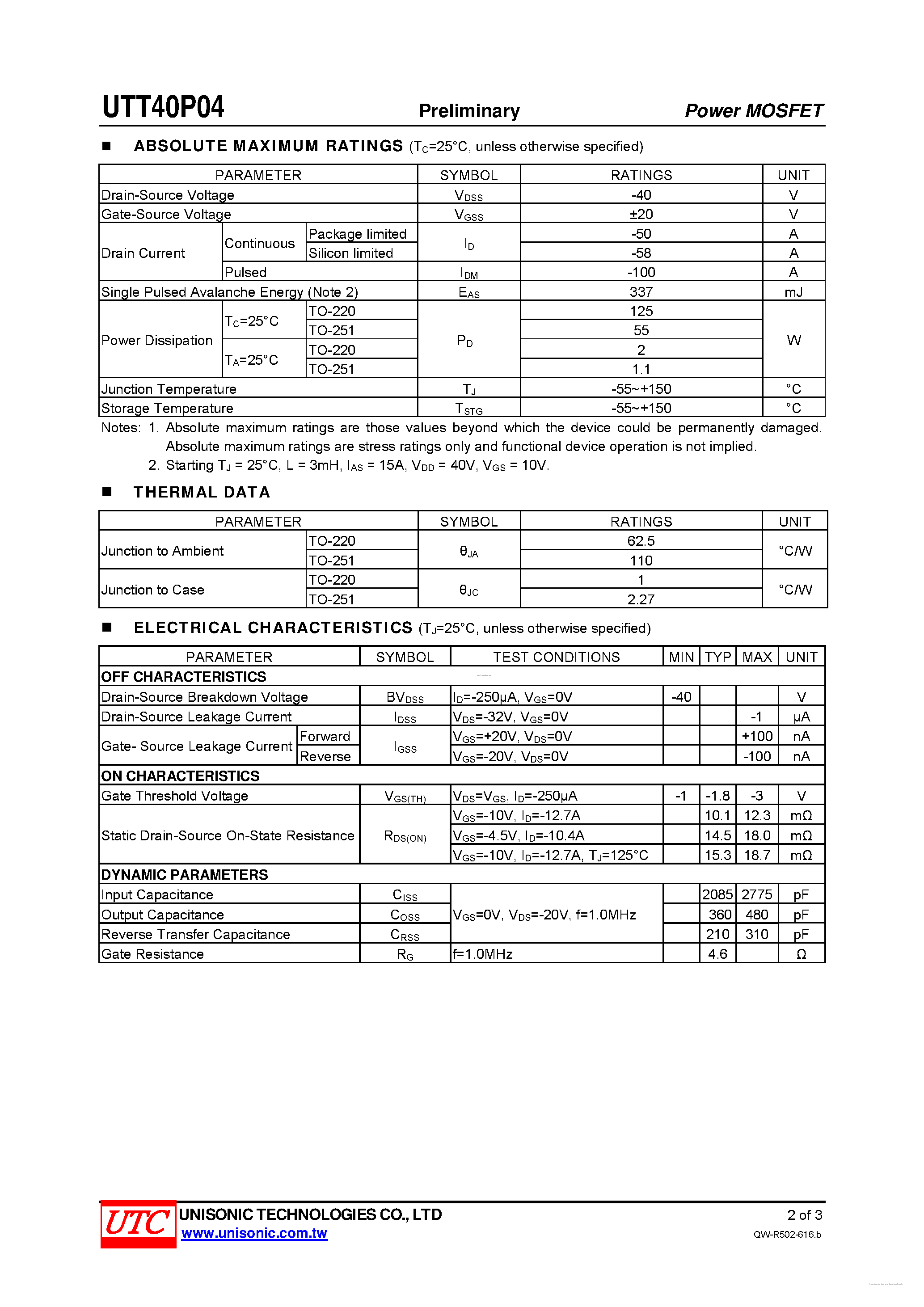 Datasheet UTT40P04 page 2 Datasheet UTT40P04 - P-CHANNEL POWER MOSFET page 2