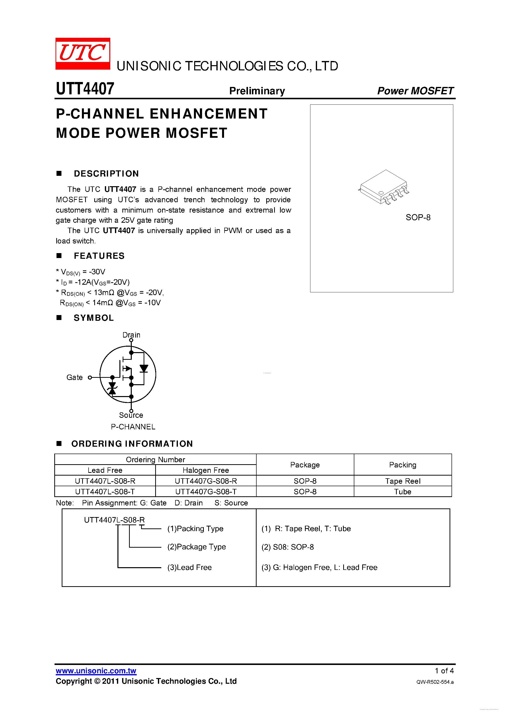Datasheet UTT4407 - P-CHANNEL POWER MOSFET page 1