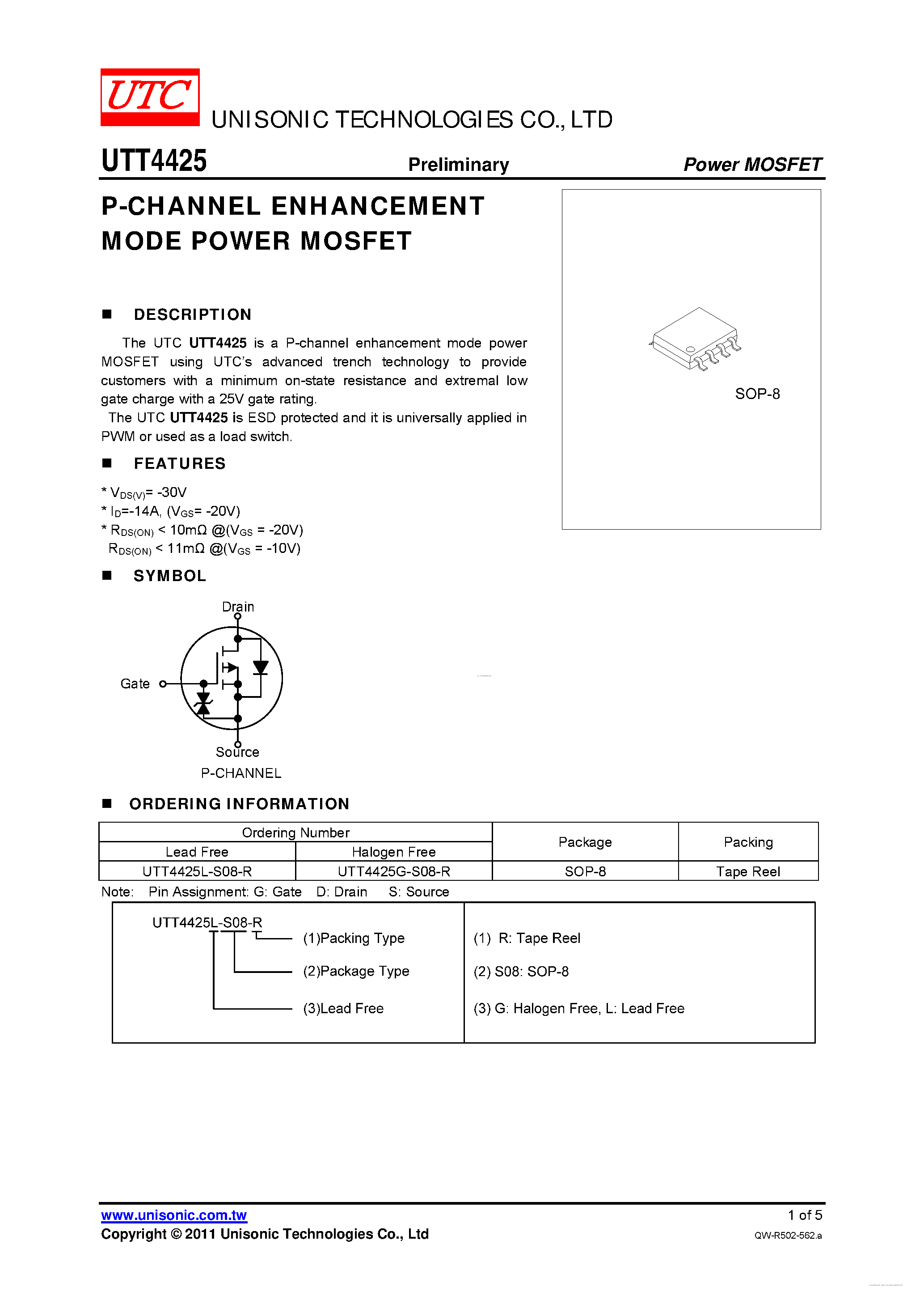 Даташит UTT4425 - P-CHANNEL POWER MOSFET страница 1
