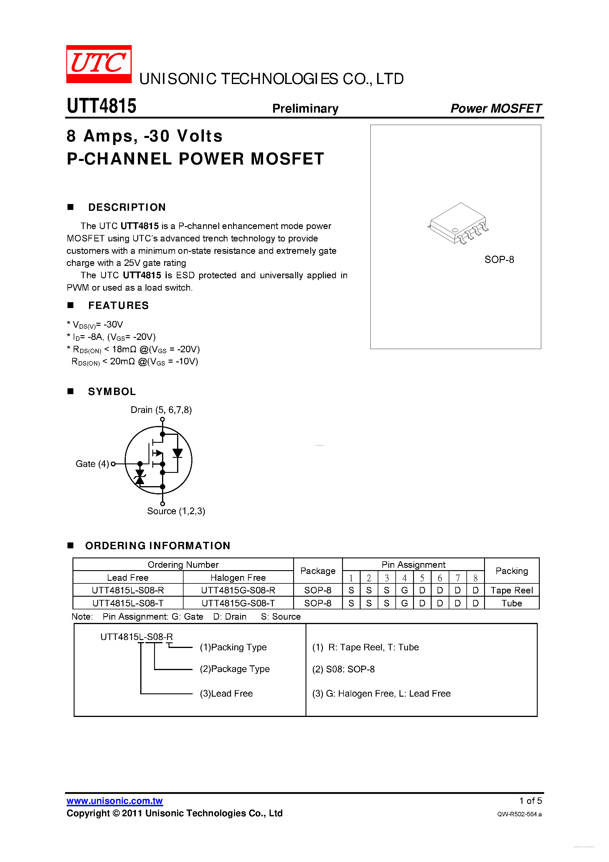 Даташит UTT4815 - P-CHANNEL POWER MOSFET страница 1