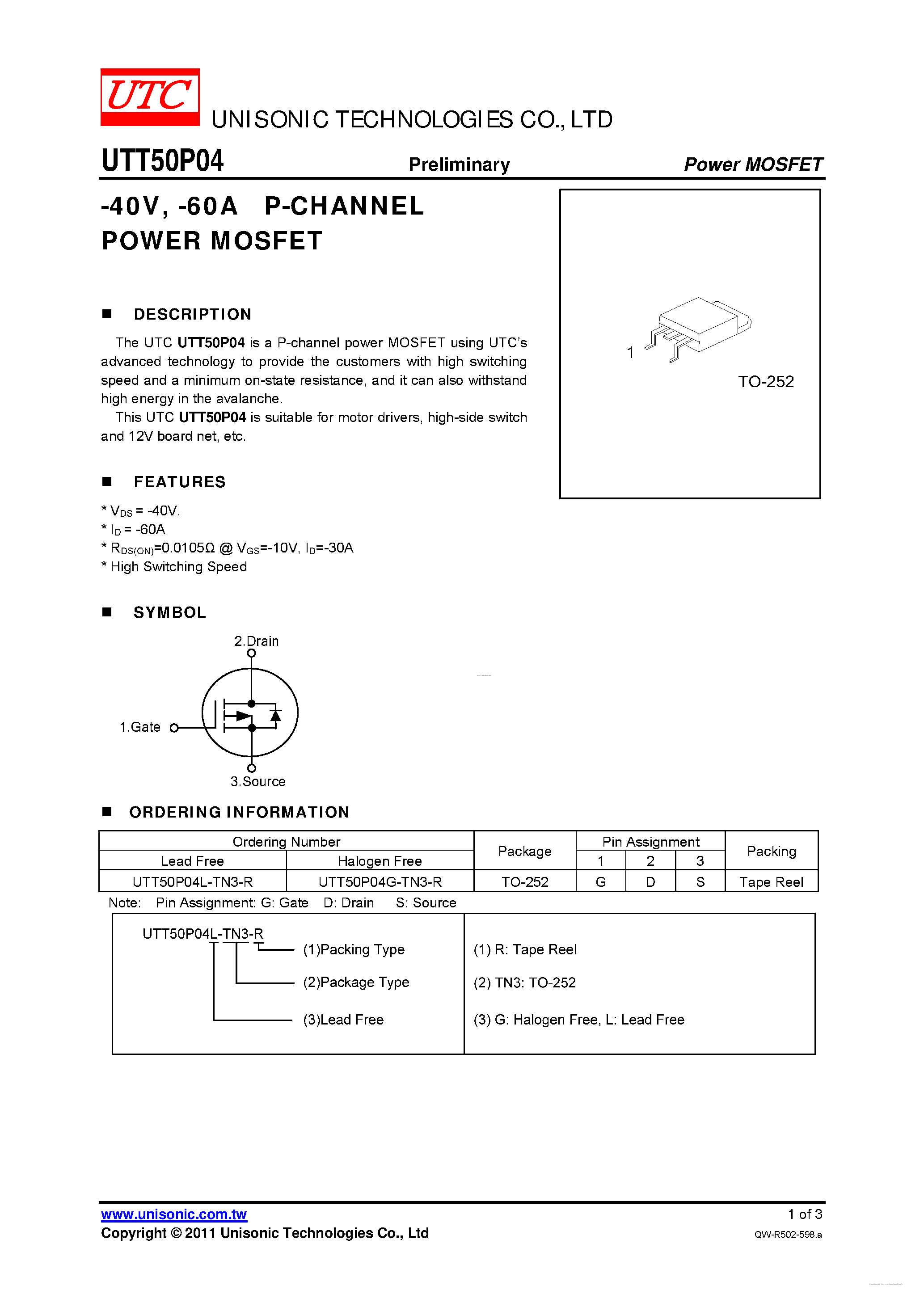 Datasheet UTT50P04 - P-CHANNEL POWER MOSFET page 1