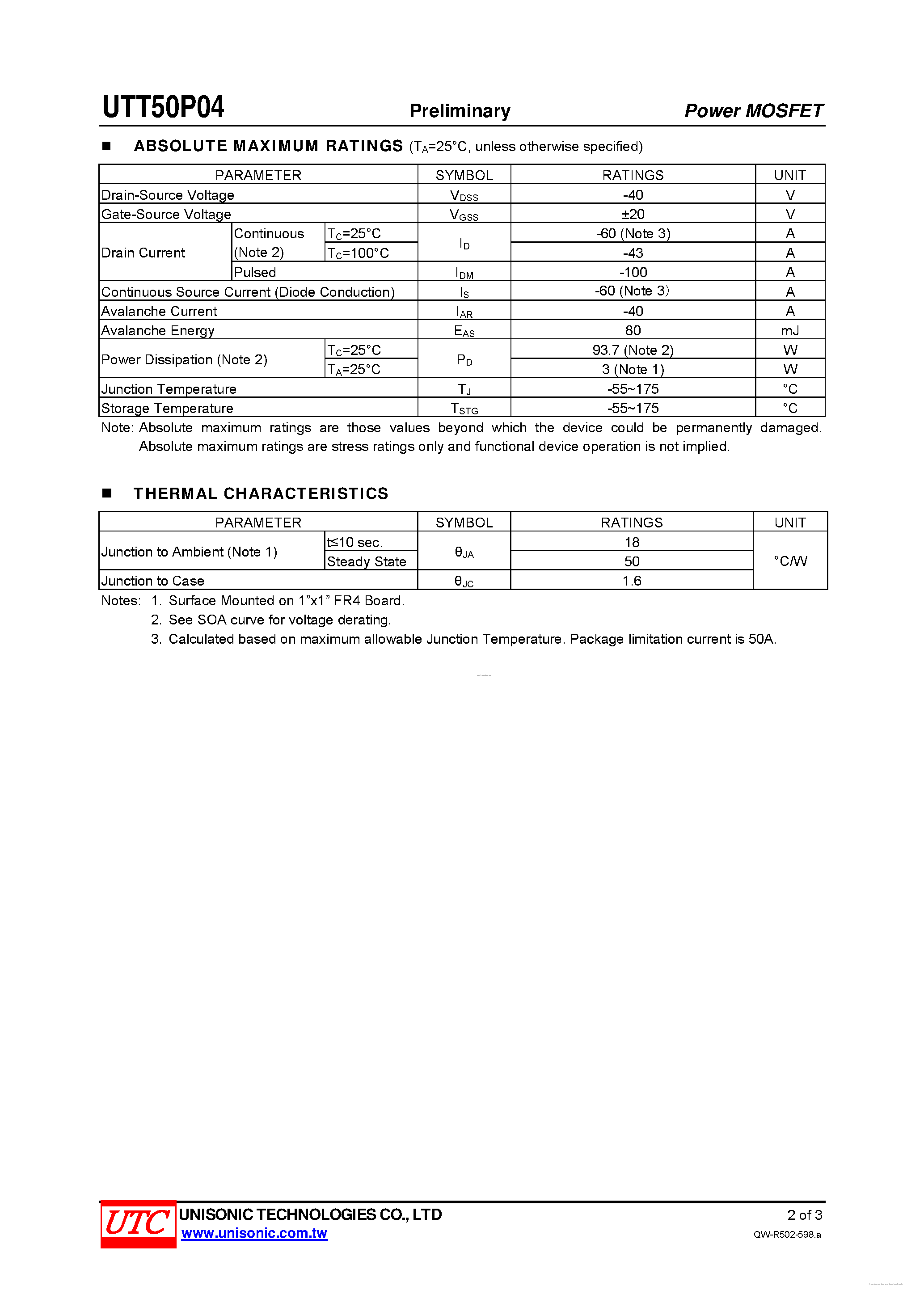 Datasheet UTT50P04 - P-CHANNEL POWER MOSFET page 2