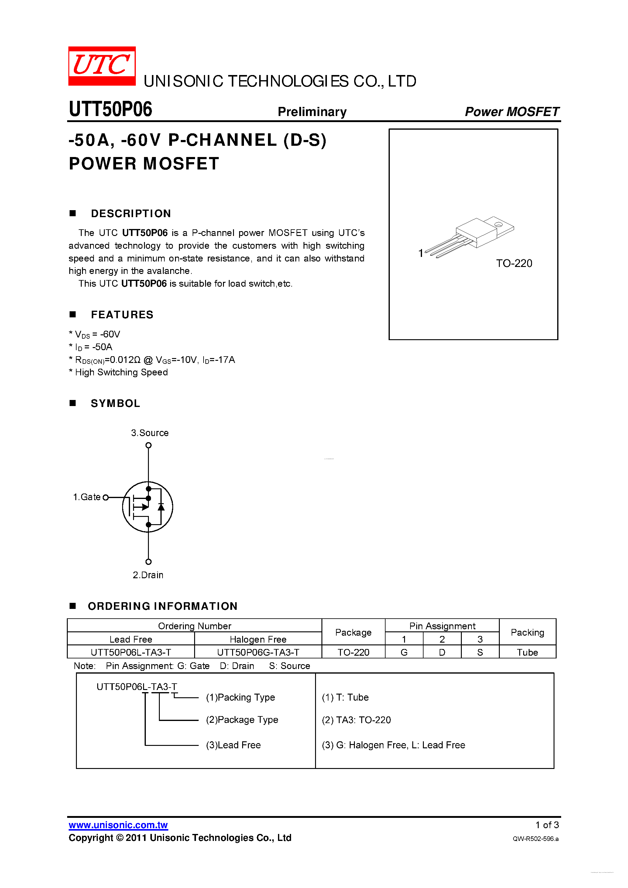 Даташит UTT50P06 - P-CHANNEL POWER MOSFET страница 1