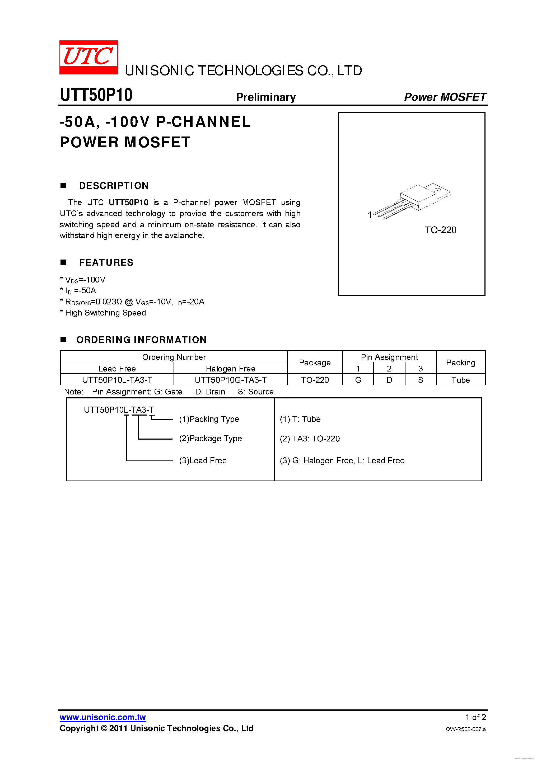 Даташит на микросхему UTT50P10 страница 1 Даташит UTT50P10 - P-CHANNEL POWER MOSFET страница 1