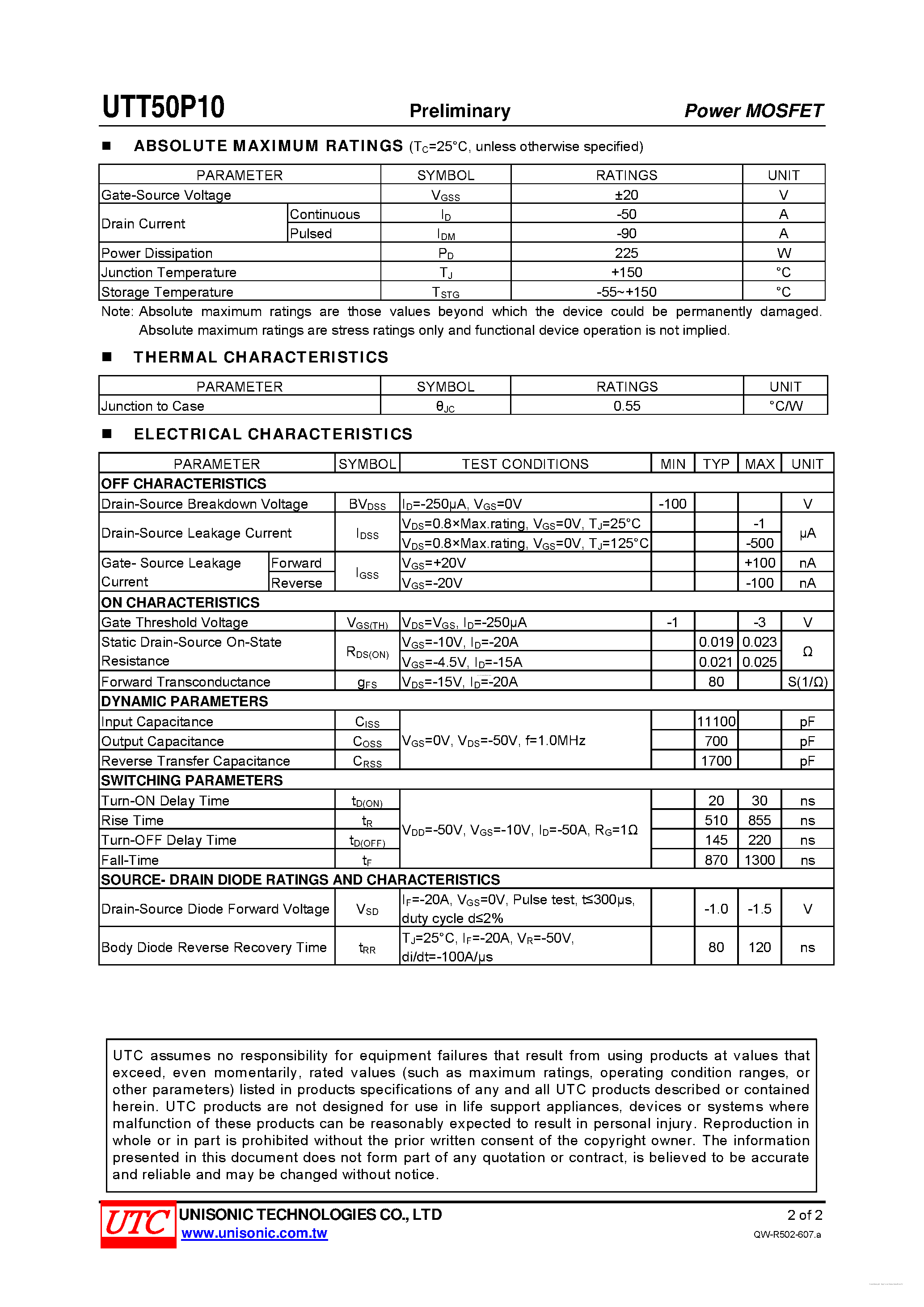Даташит на микросхему UTT50P10 страница 2 Даташит UTT50P10 - P-CHANNEL POWER MOSFET страница 2