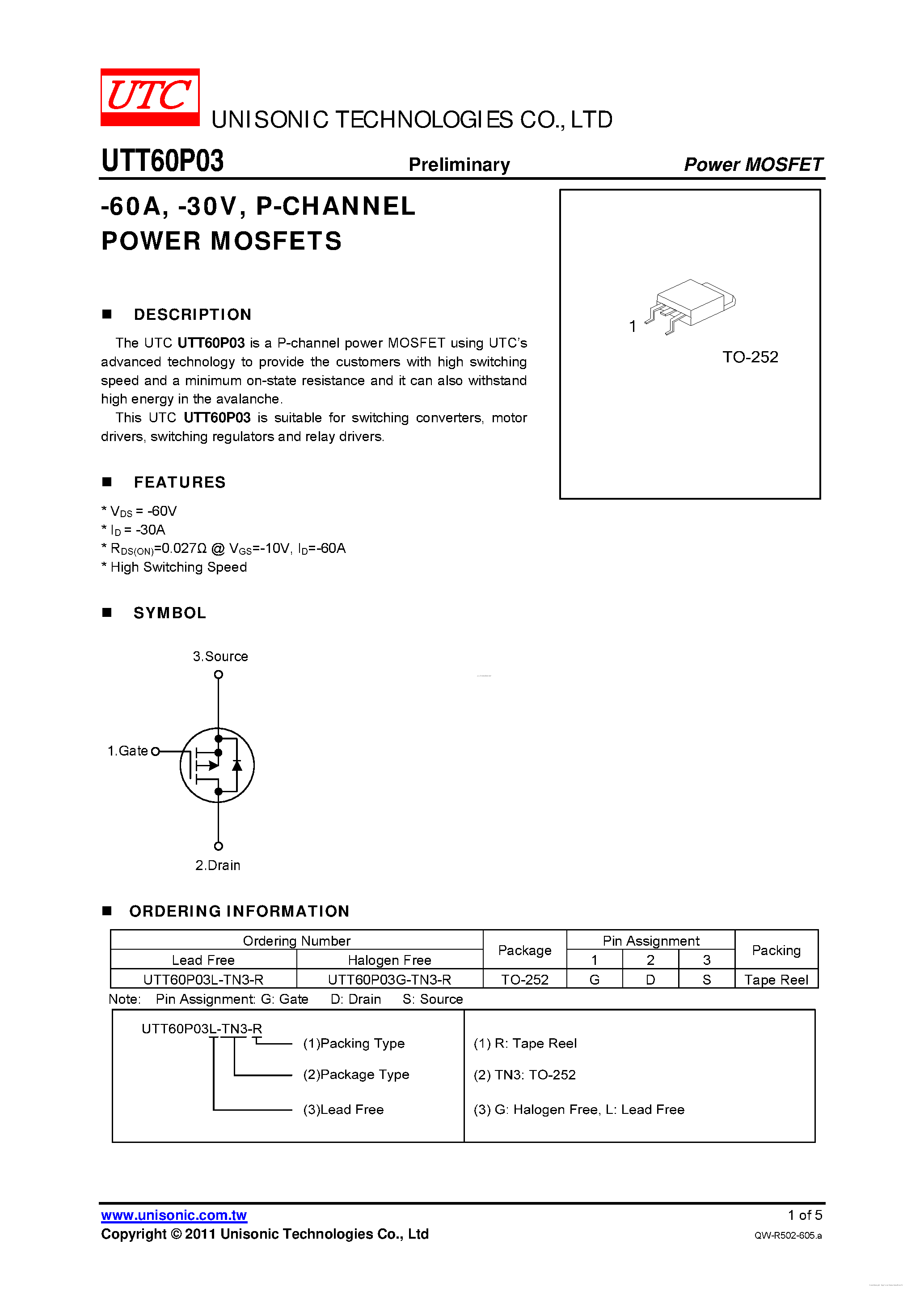 Datasheet UTT60P03 - P-CHANNEL POWER MOSFET page 1
