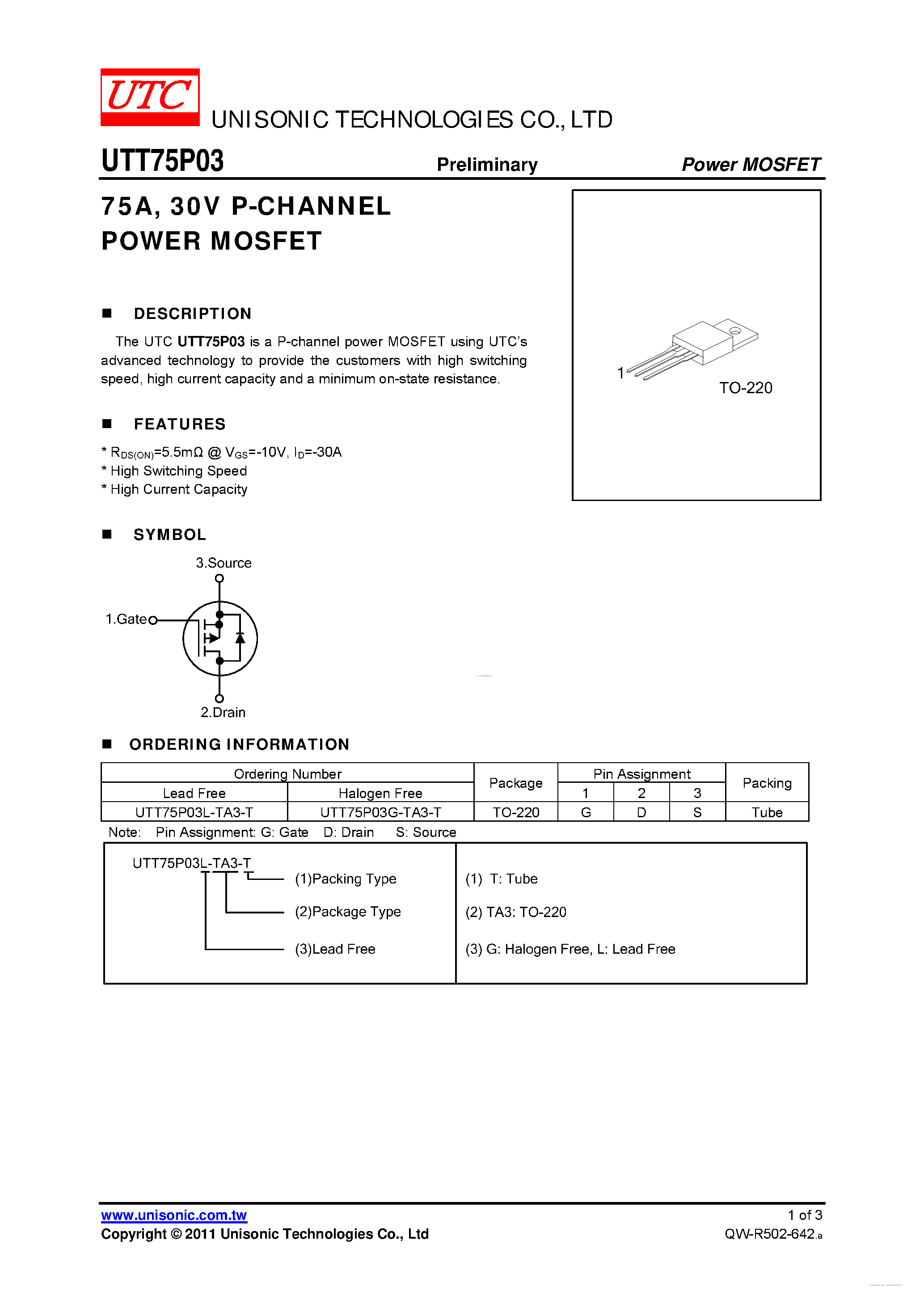 Даташит на микросхему UTT75P03 страница 1 Даташит UTT75P03 - P-CHANNEL POWER MOSFET страница 1