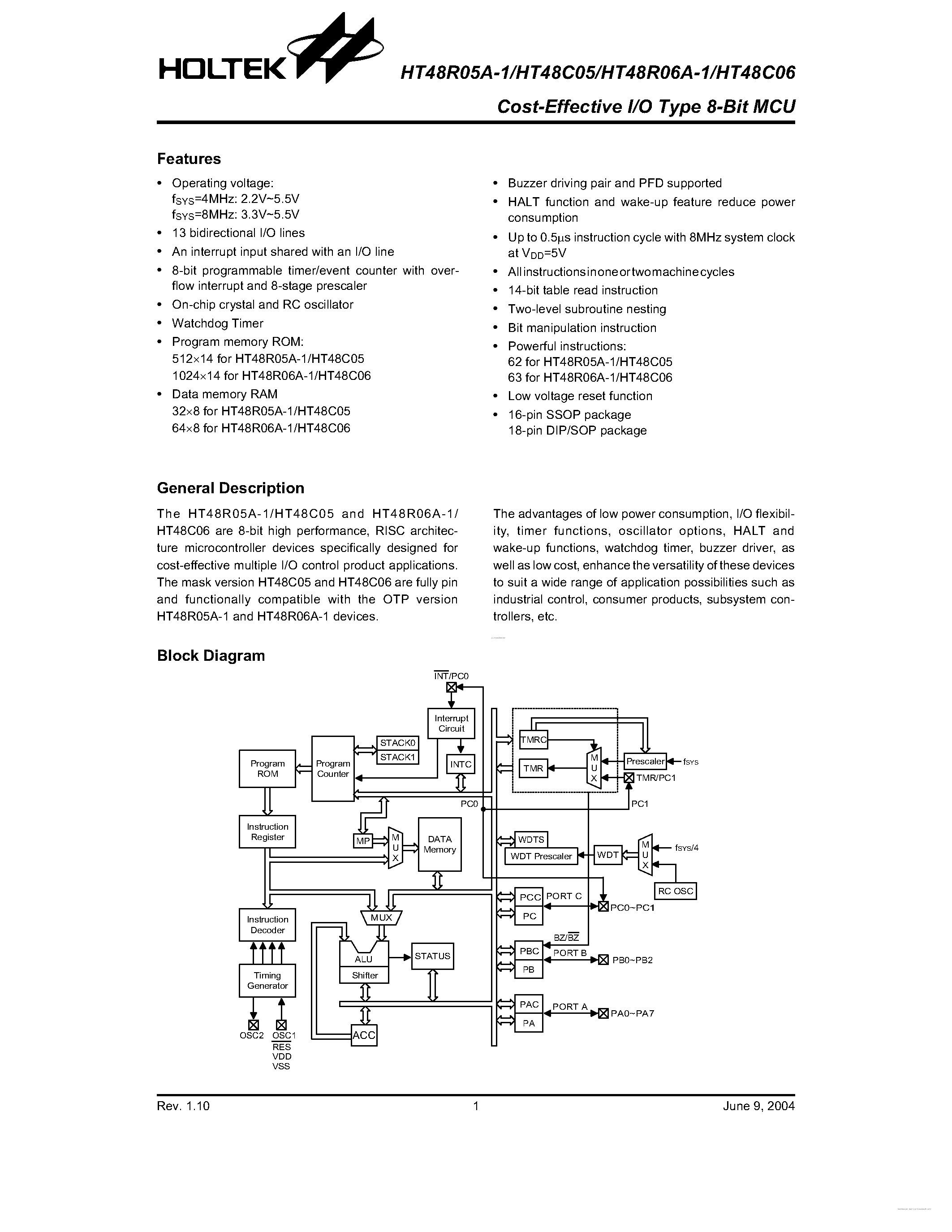 Datasheet HT48C05 - page 1
