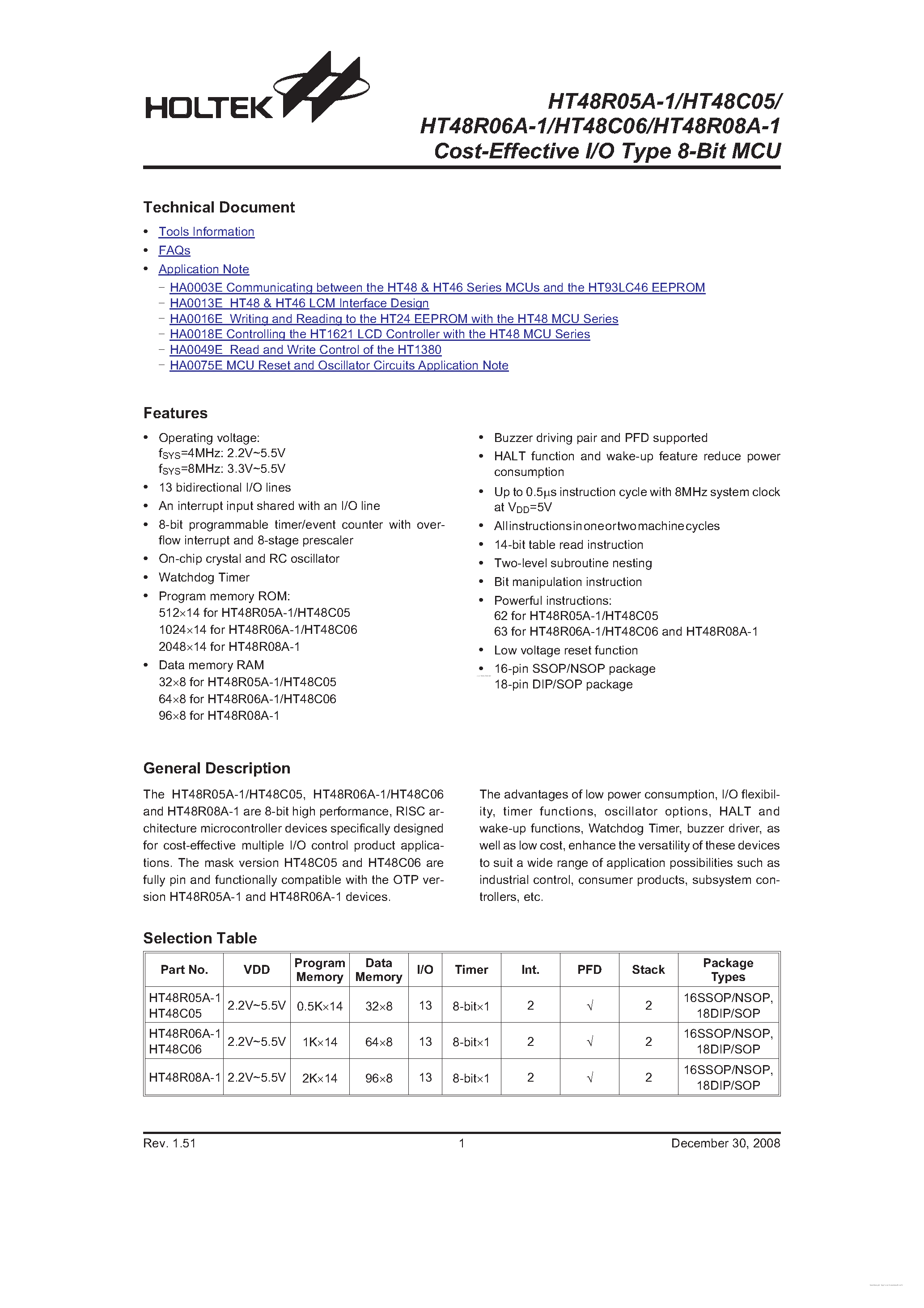 Даташит на микросхему HT48C05 страница 1 Даташит HT48C05 - страница 1