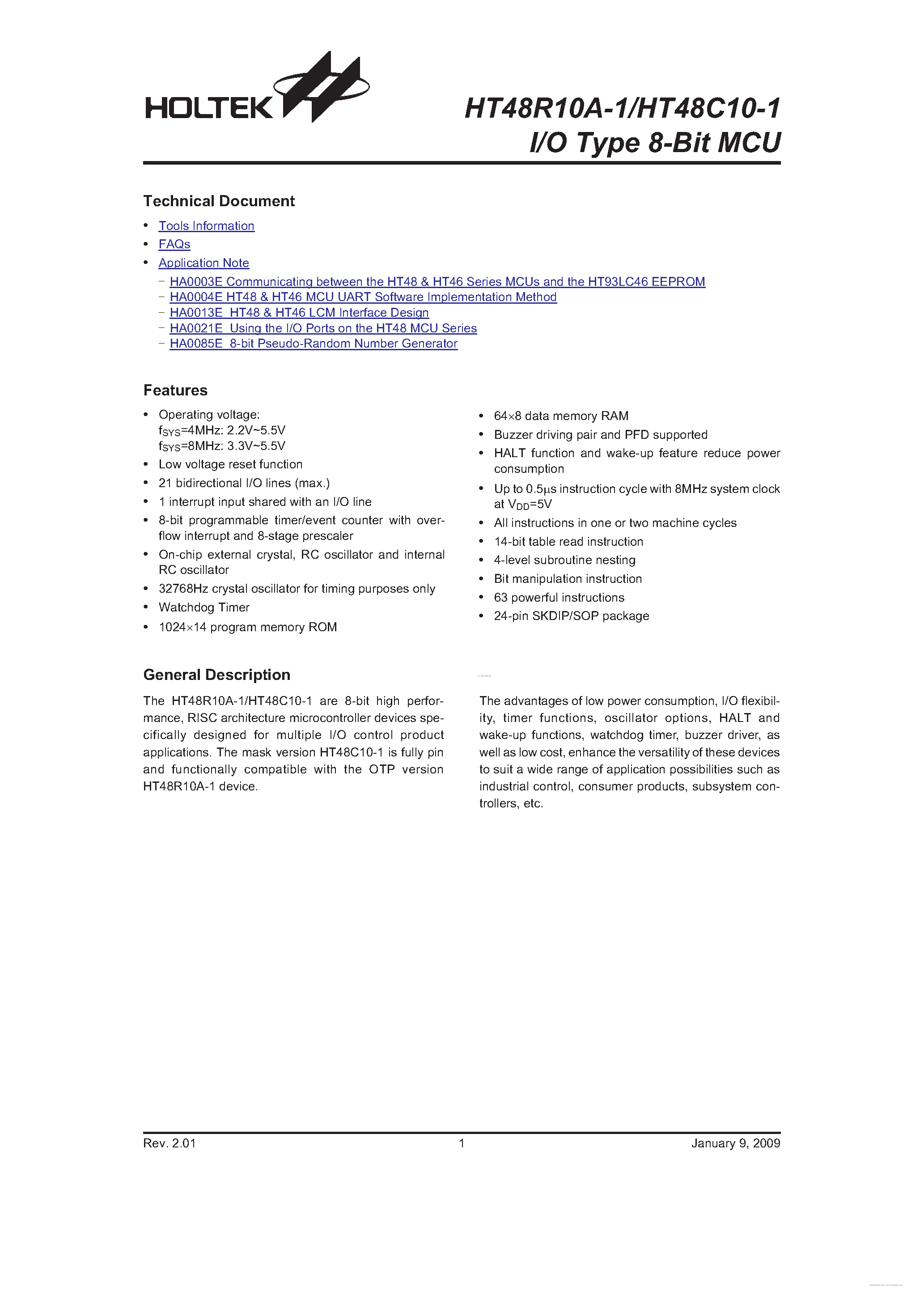 Datasheet HT48C10-1 - page 1