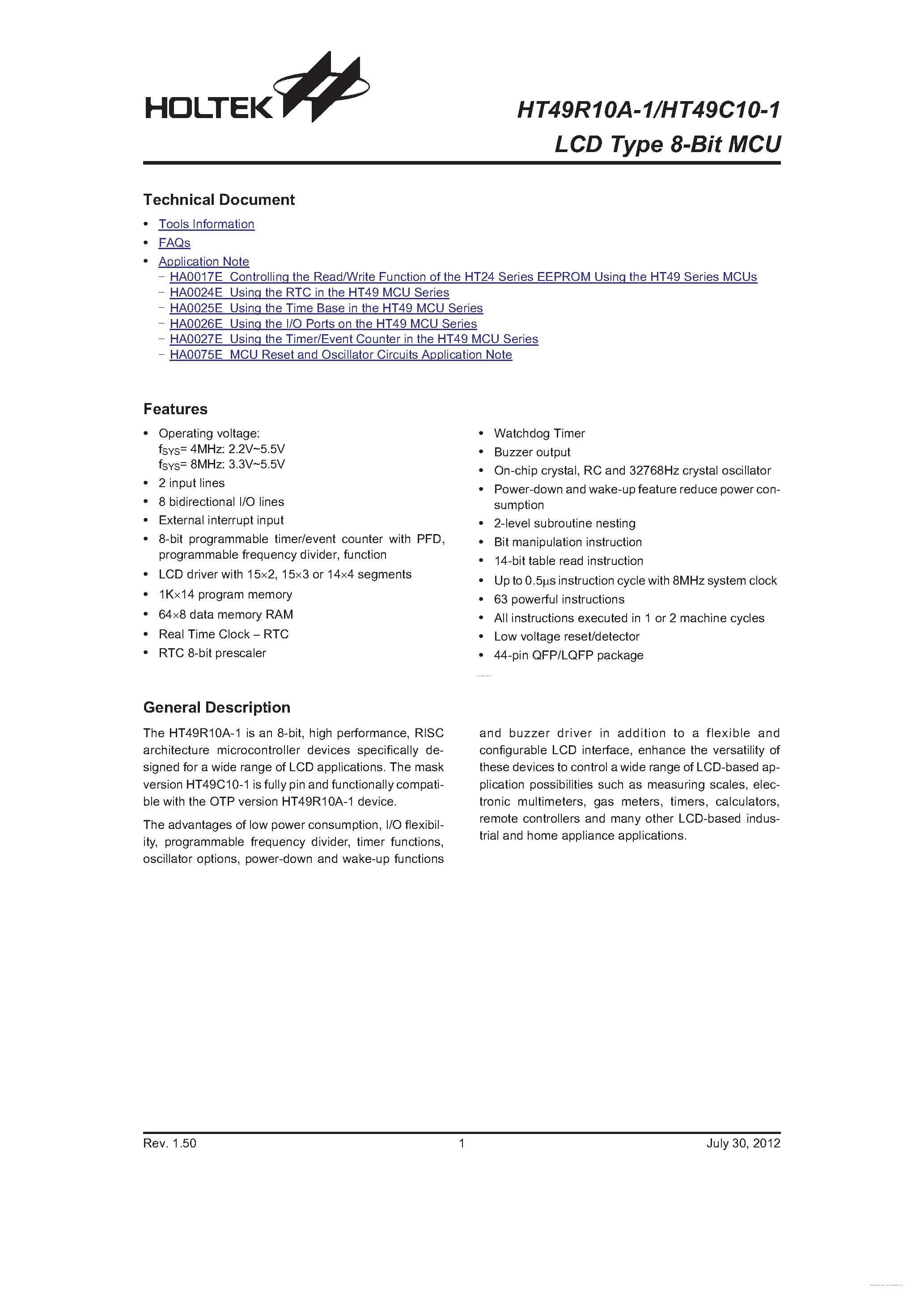 Datasheet HT49C10-1 - page 1