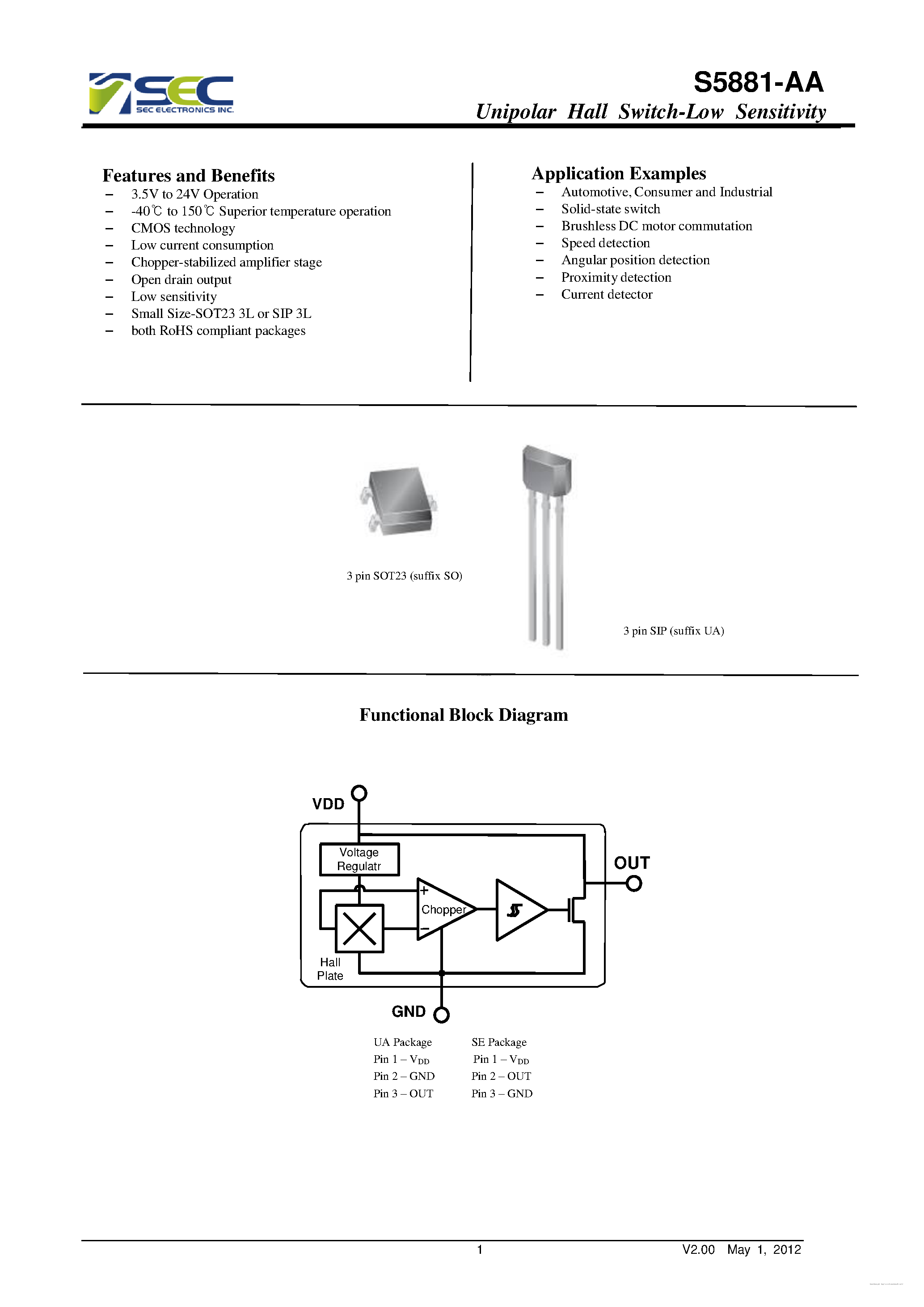 Datasheet S5881-AA - Unipolar Hall Switch-Low Sensitivity page 1
