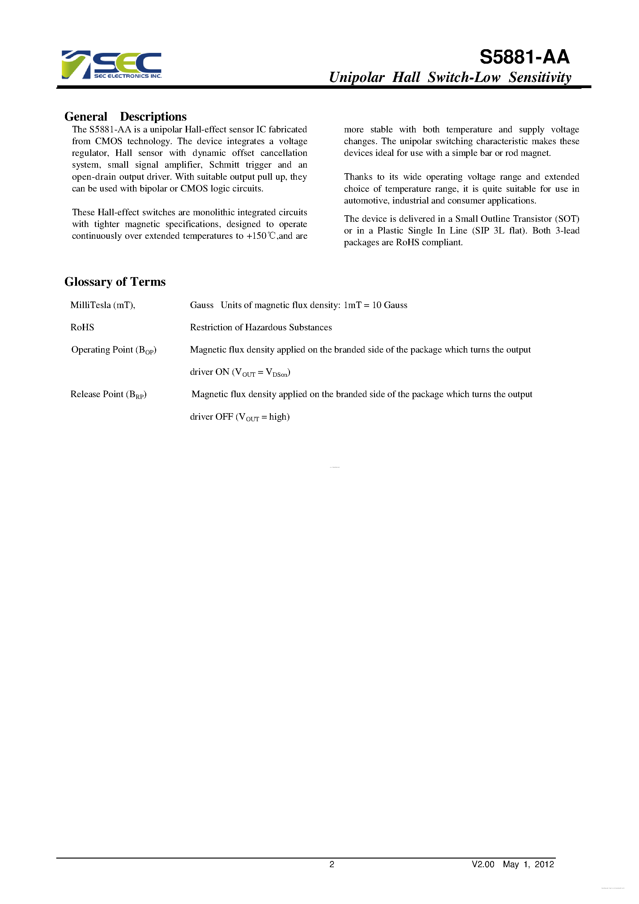 Datasheet S5881-AA - Unipolar Hall Switch-Low Sensitivity page 2