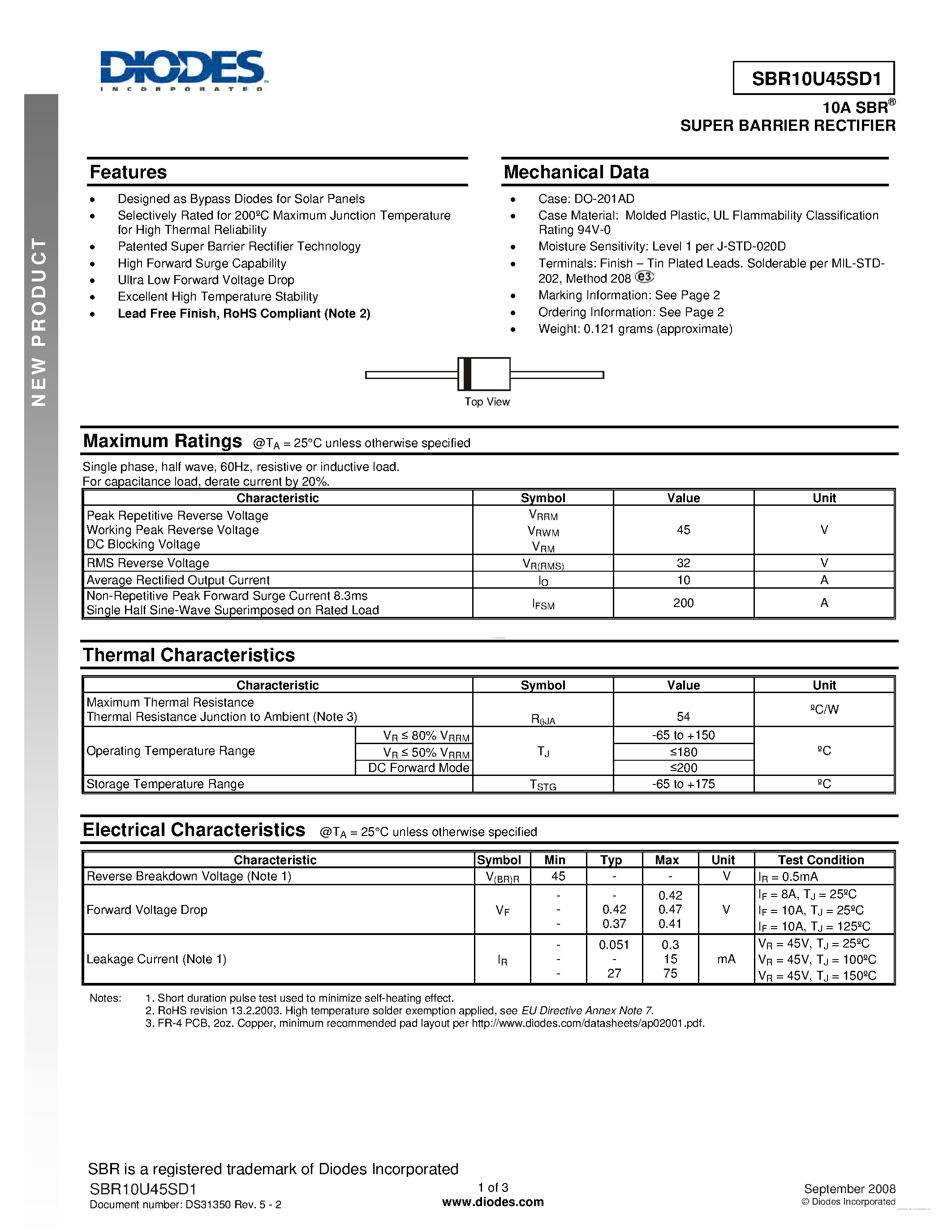Datasheet SBR10U45SD1 page 1 Datasheet SBR10U45SD1 - SUPER BARRIER RECTIFIER page 1