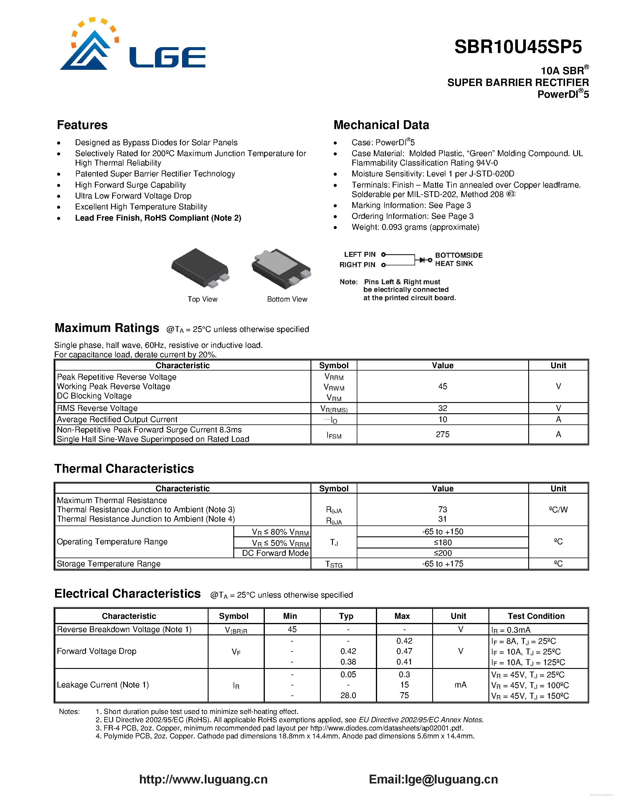 Datasheet SBR10U45SP5 page 1 Datasheet SBR10U45SP5 - 10A SBR SUPER BARRIER RECTIFIER page 1
