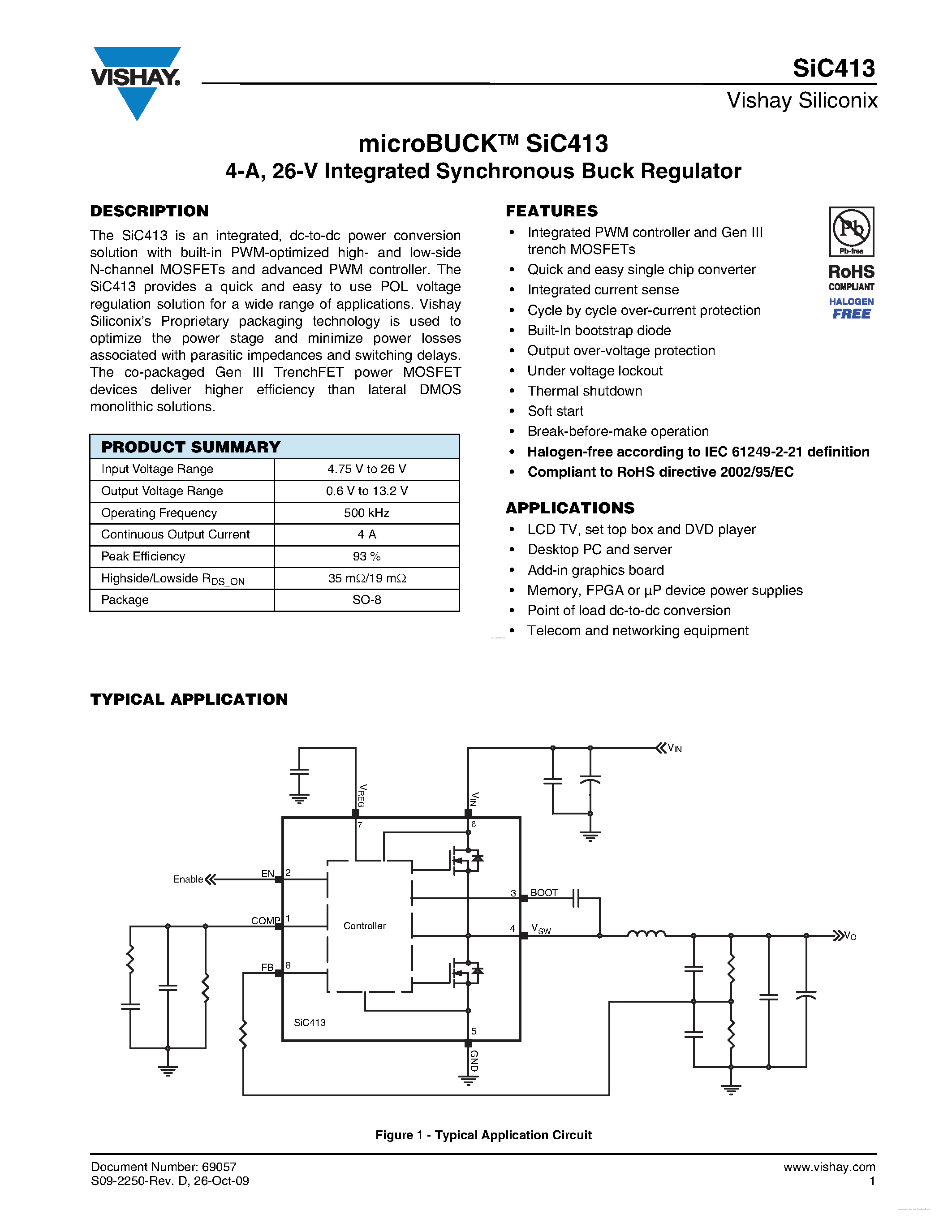 Даташит SIC413 - 26-V Integrated Synchronous Buck Regulator страница 1