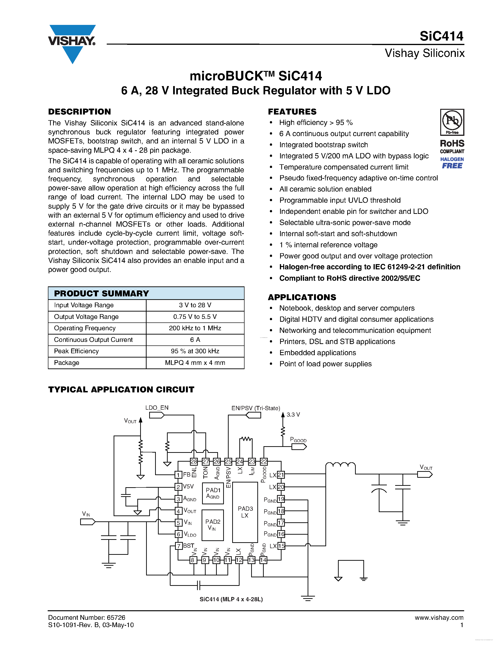 Даташит SIC414 - 28 V Integrated Buck Regulator страница 1