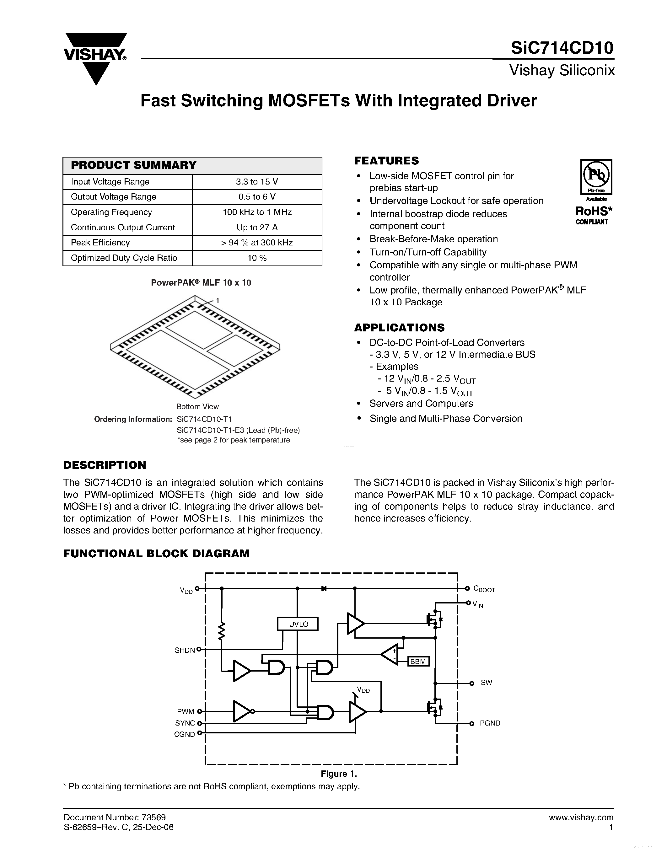 Datasheet SIC714CD10 page 1 Datasheet SIC714CD10 - Fast Switching MOSFETs page 1