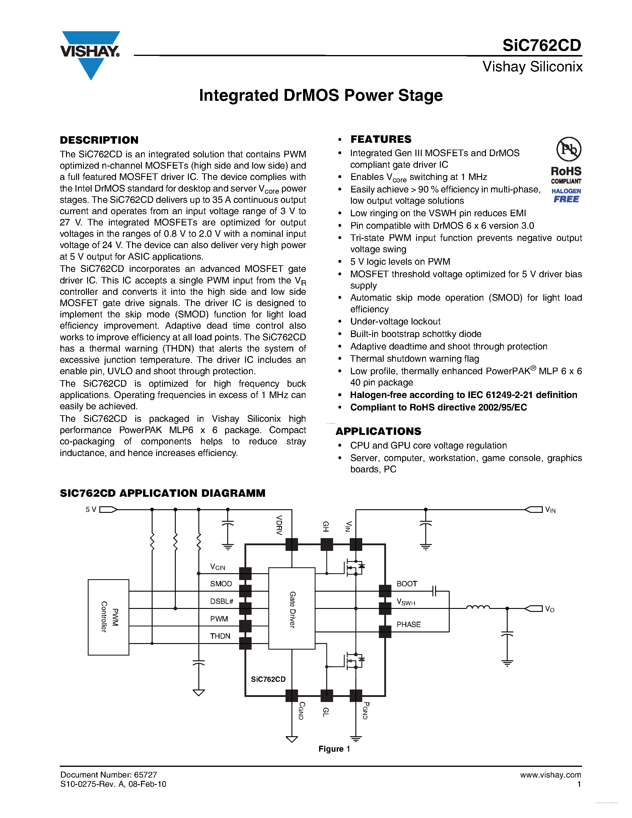 Datasheet SIC762CD - Integrated DrMOS Power Stage page 1