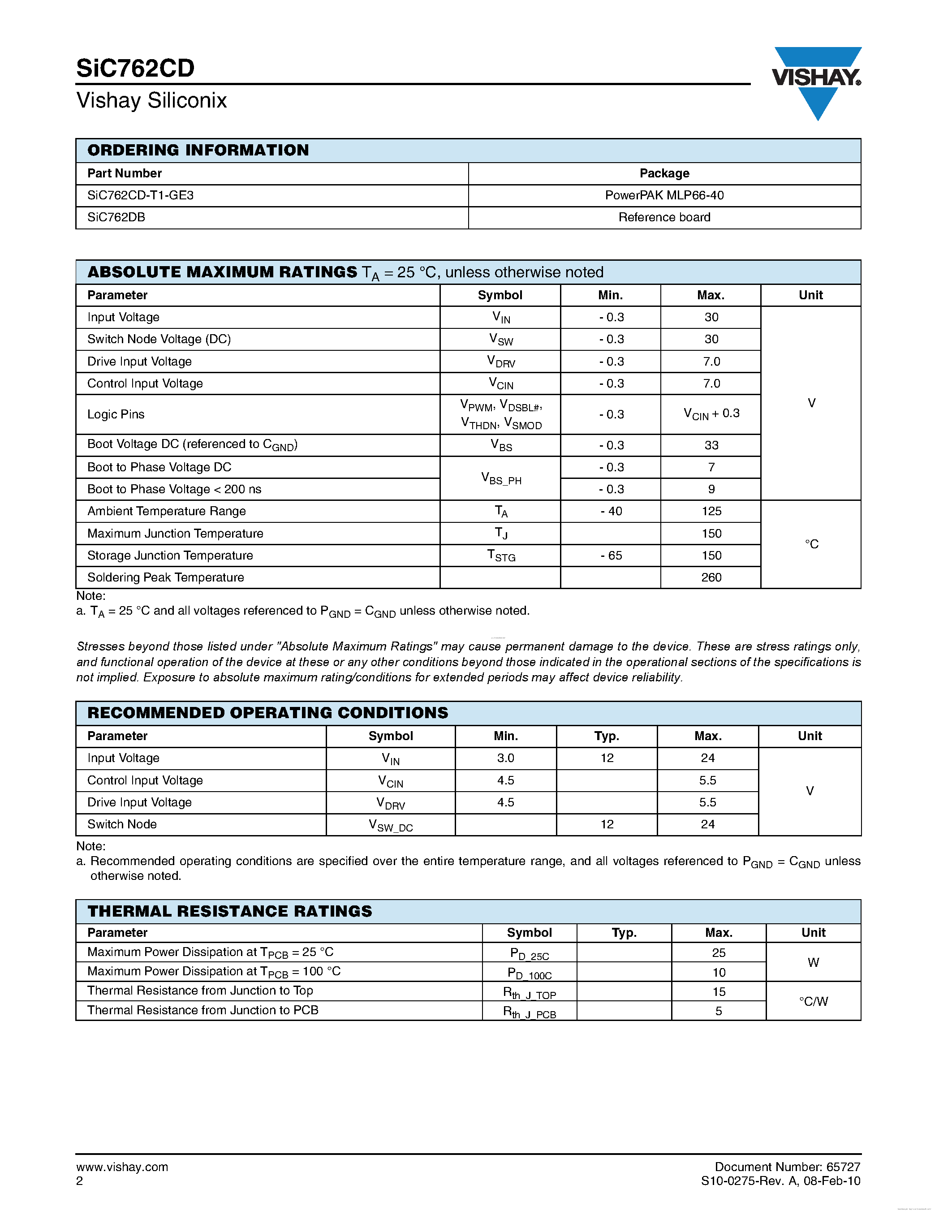 Datasheet SIC762CD - Integrated DrMOS Power Stage page 2