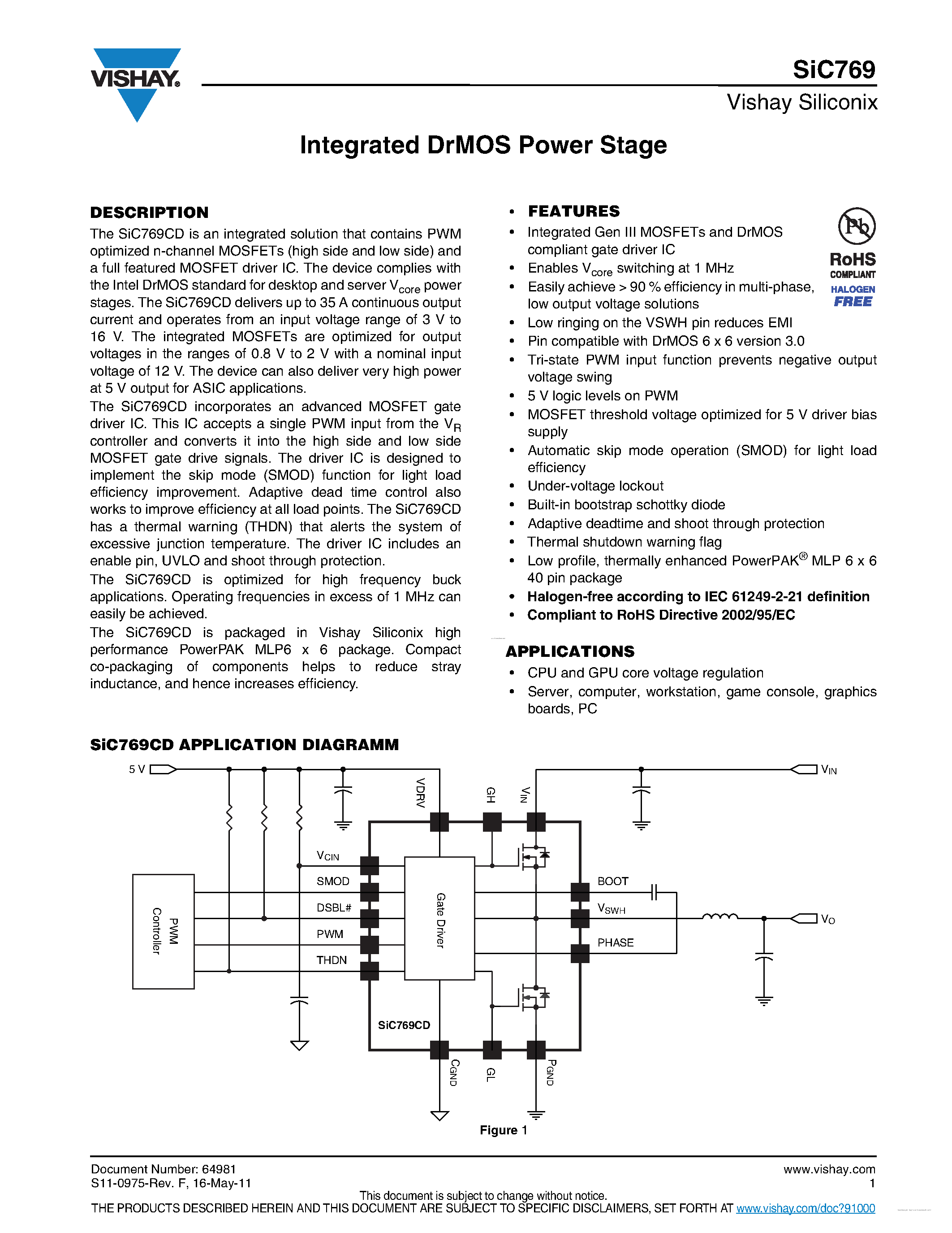 Datasheet SIC769 - Integrated DrMOS Power Stage page 1