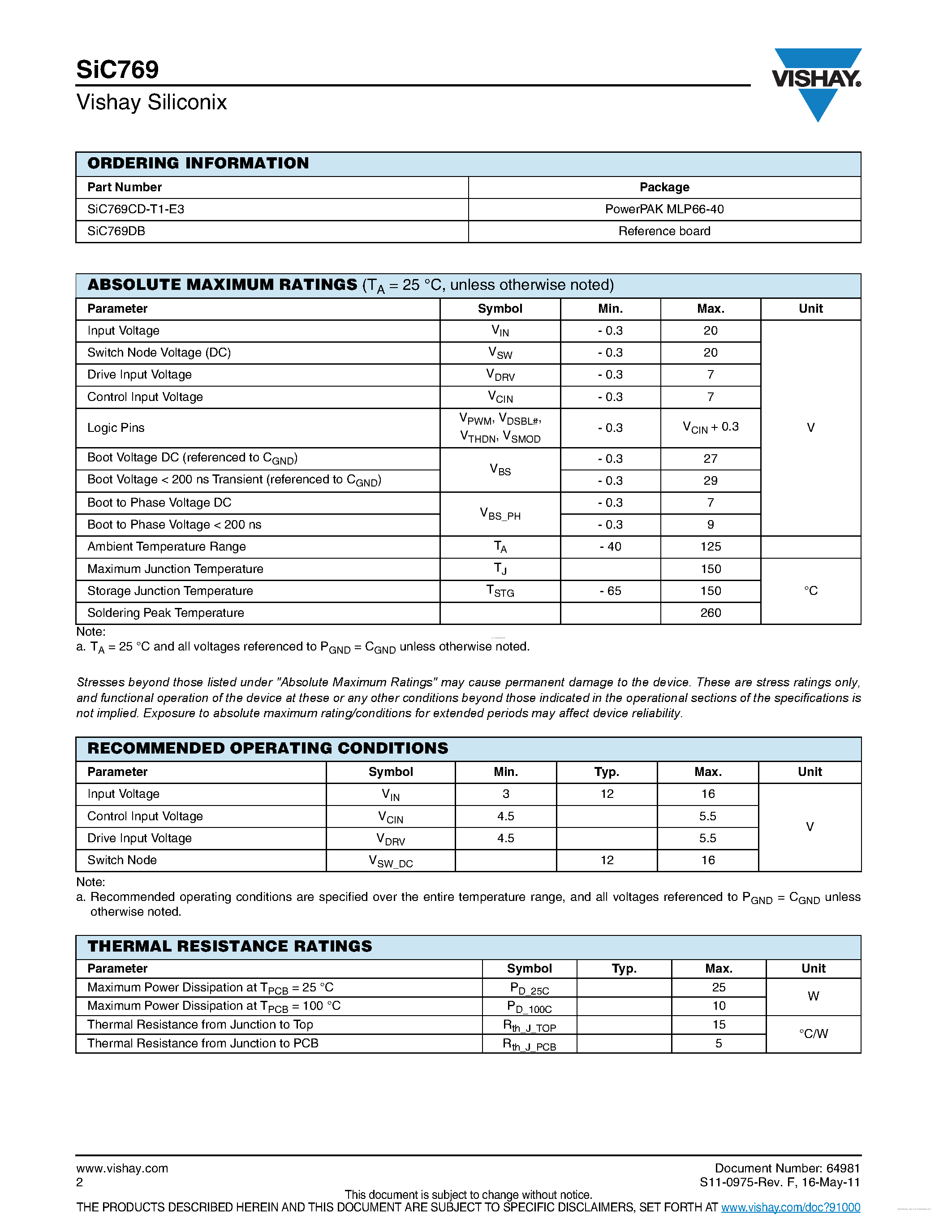 Datasheet SIC769 - Integrated DrMOS Power Stage page 2