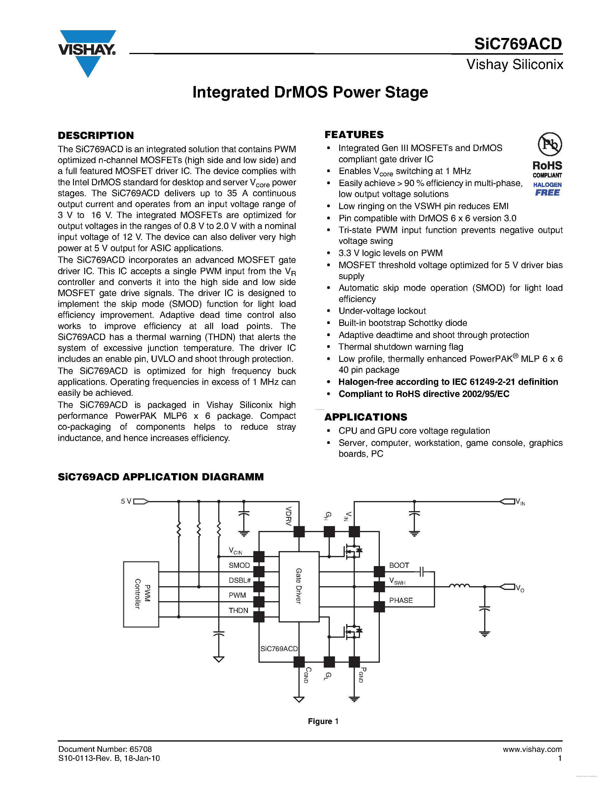 Datasheet SIC769ACD - Integrated DrMOS Power Stage page 1